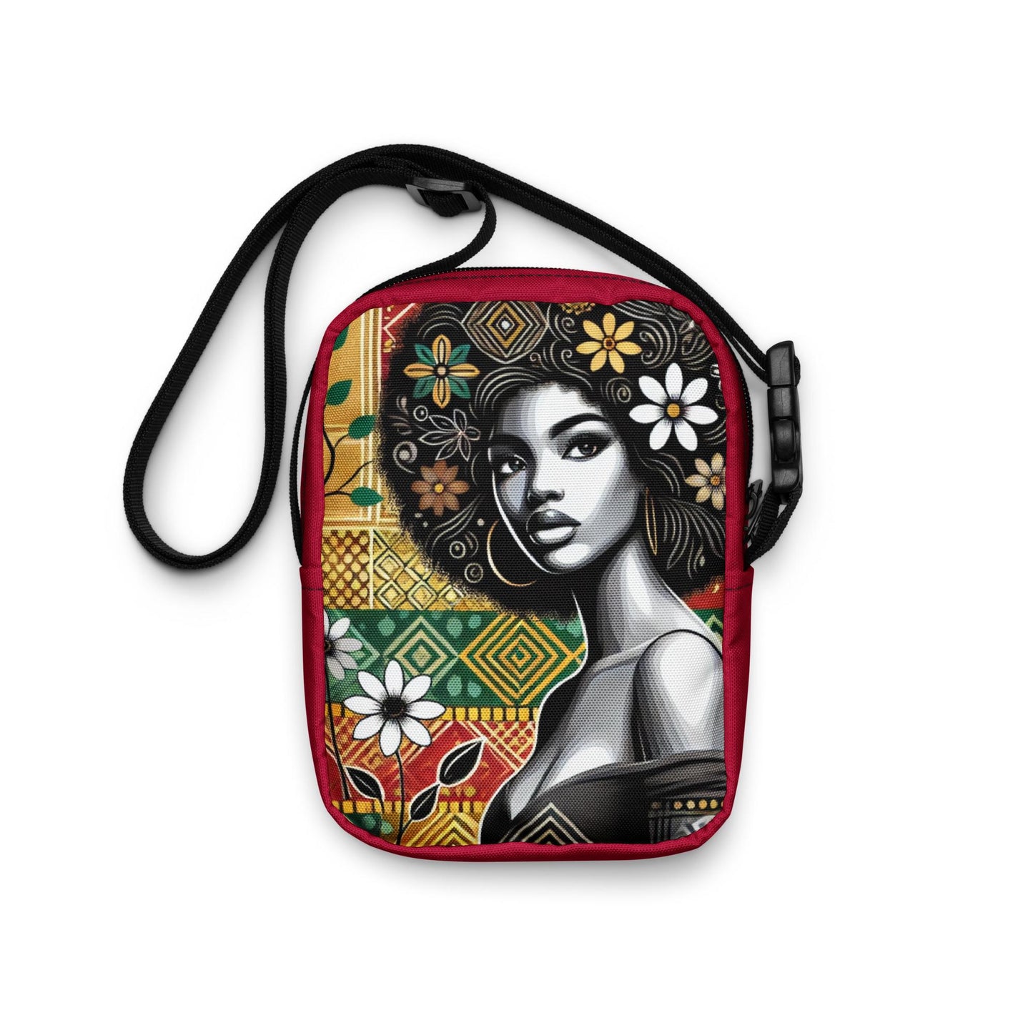 Black Queen Utility Bag with Afro & Flowers | Personalized Style Statement Great Gift for Her | Fashionable Crossbody Bag with Unique Style