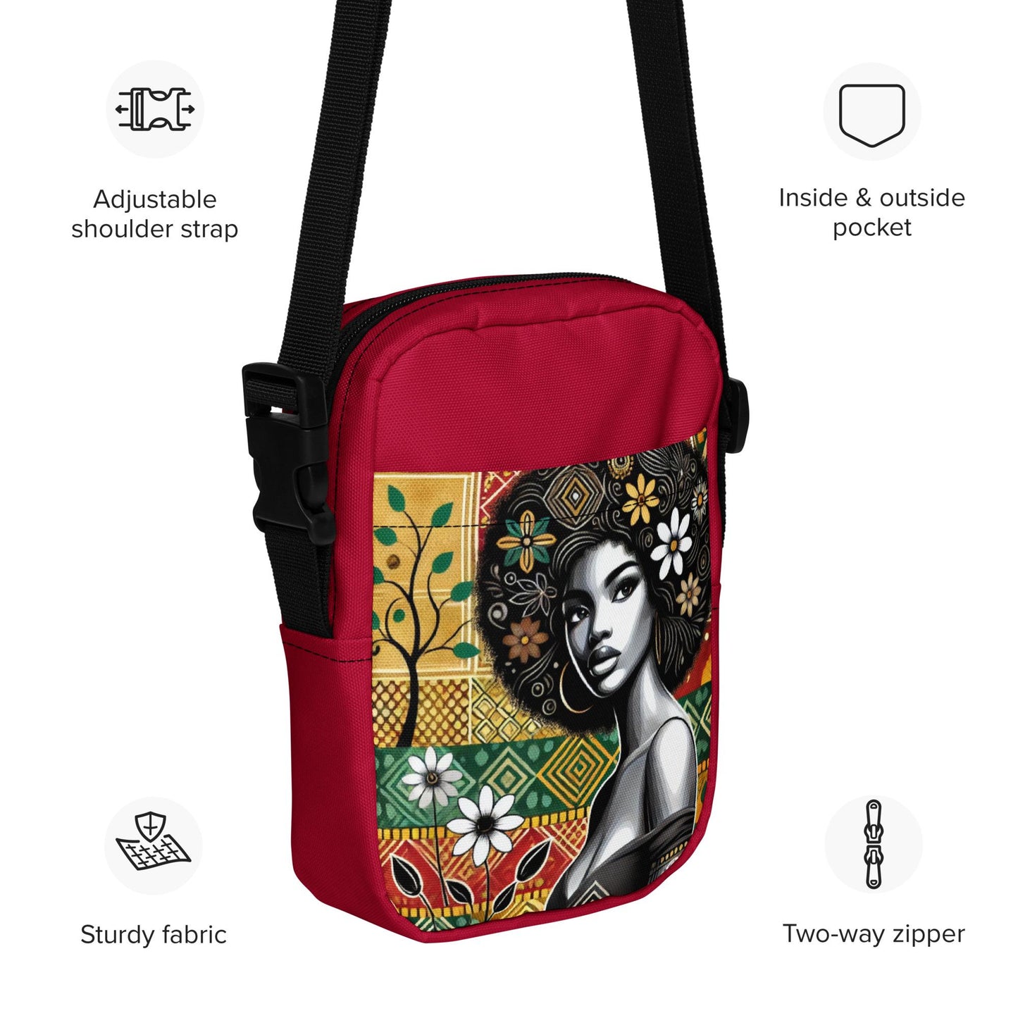 Black Queen Utility Bag with Afro & Flowers | Personalized Style Statement Great Gift for Her | Fashionable Crossbody Bag with Unique Style