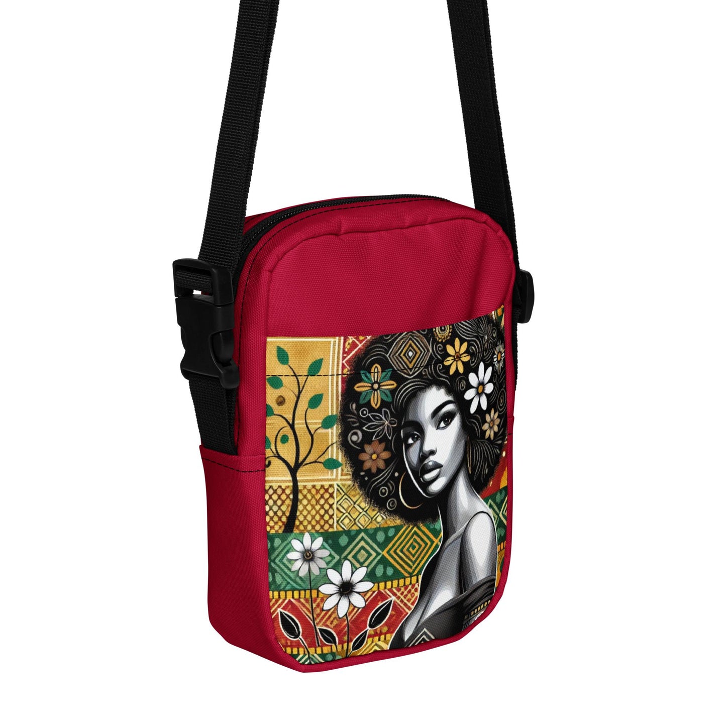 Black Queen Utility Bag with Afro & Flowers | Personalized Style Statement Great Gift for Her | Fashionable Crossbody Bag with Unique Style