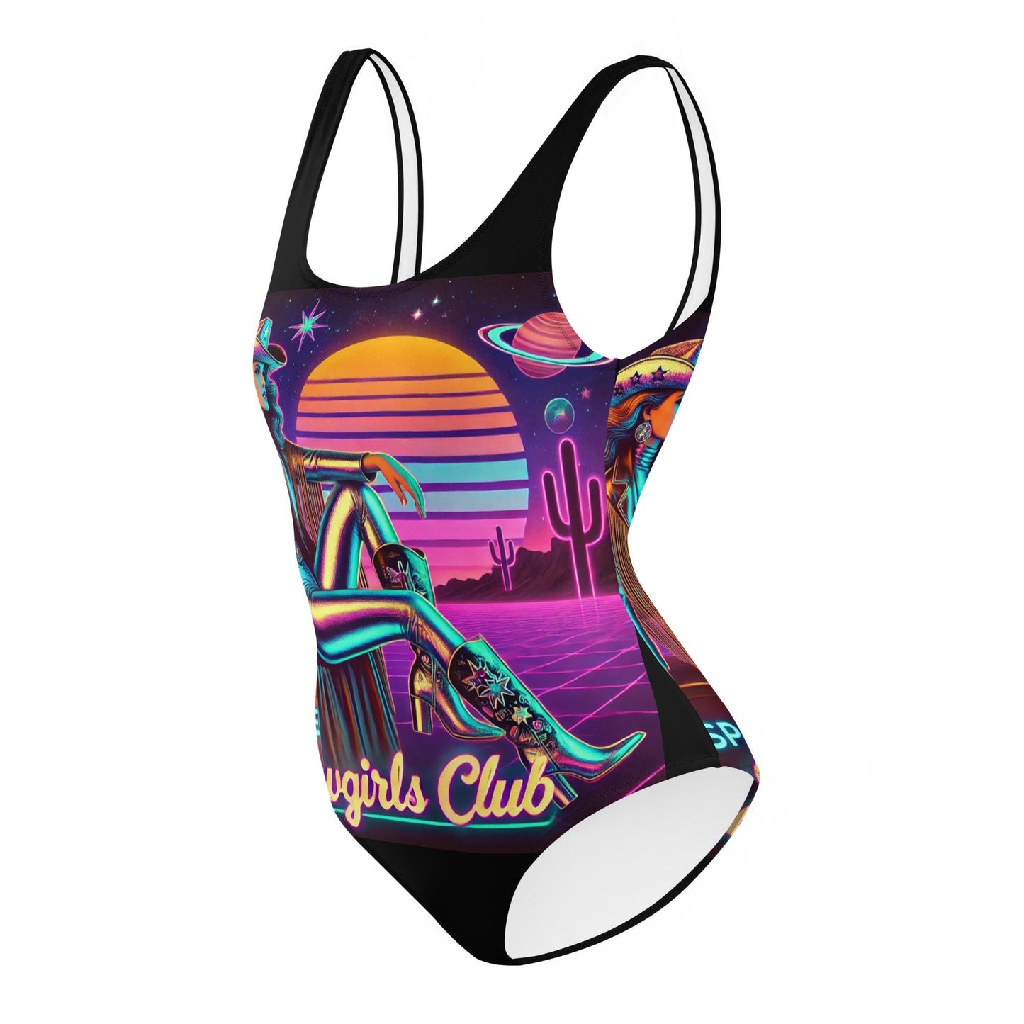 Space Cowgirl Club One-Piece Swimsuit with Stylish Cowgirl in Silver Catsuit | Unique Cosmic Cowgirl Swimwear | Cowgirl Themed Gift for Her