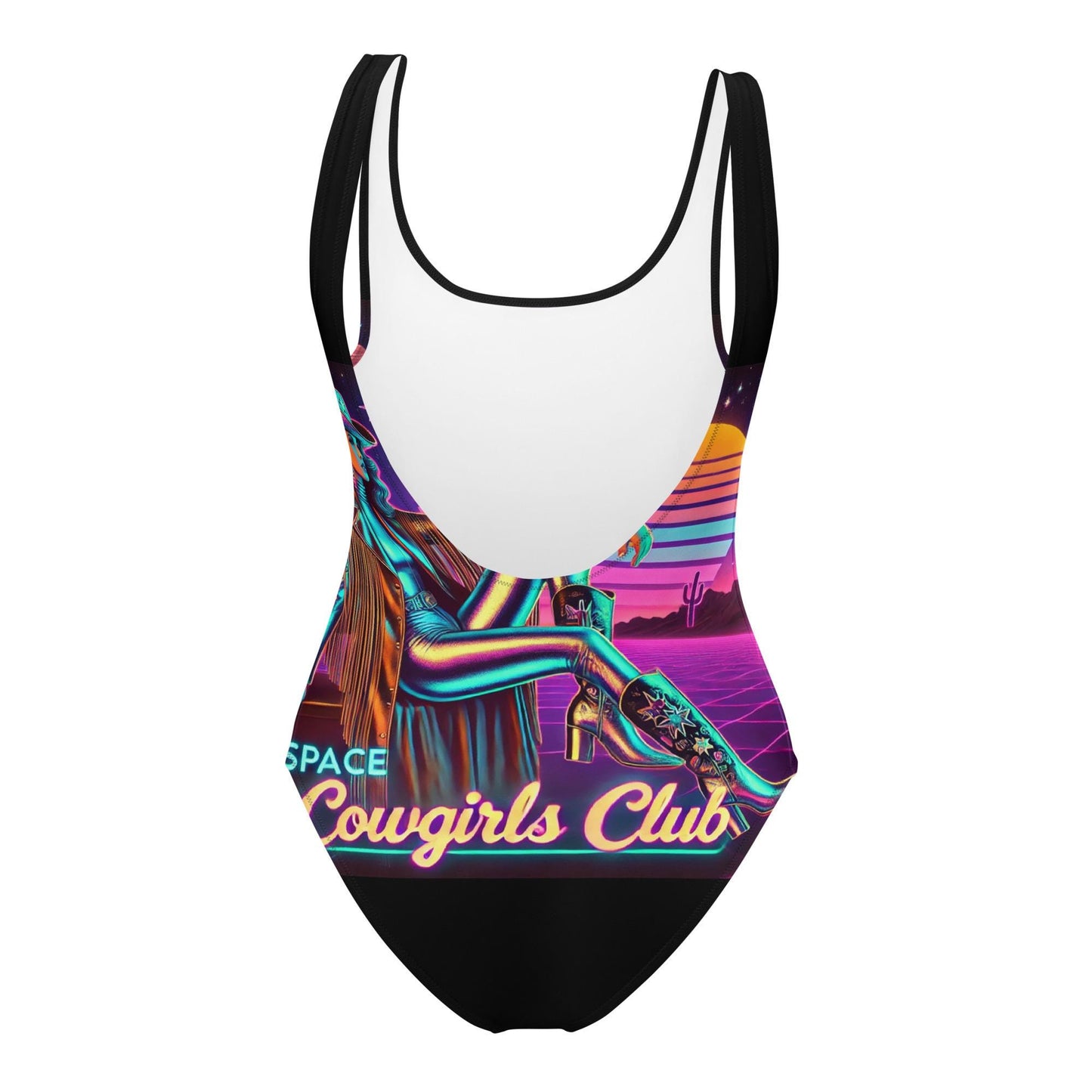 Space Cowgirl Club One-Piece Swimsuit with Stylish Cowgirl in Silver Catsuit | Unique Cosmic Cowgirl Swimwear | Cowgirl Themed Gift for Her
