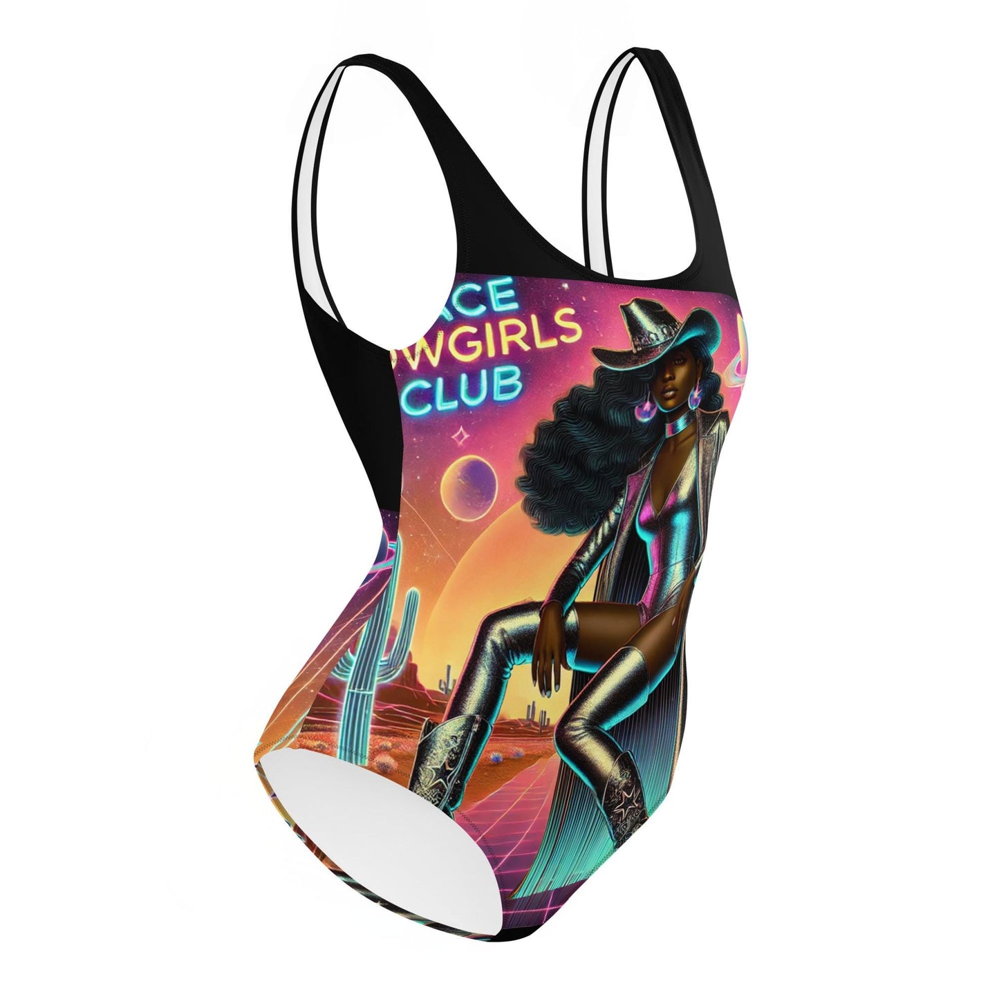 Beautiful Melanin Space Cowgirl Silver on a One-Piece Swimsuit | Unique Cosmic Cowgirl Swimsuit Gift for Her