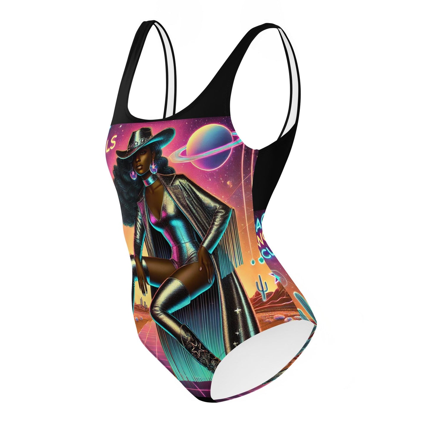 Beautiful Melanin Space Cowgirl Silver on a One-Piece Swimsuit | Unique Cosmic Cowgirl Swimsuit Gift for Her