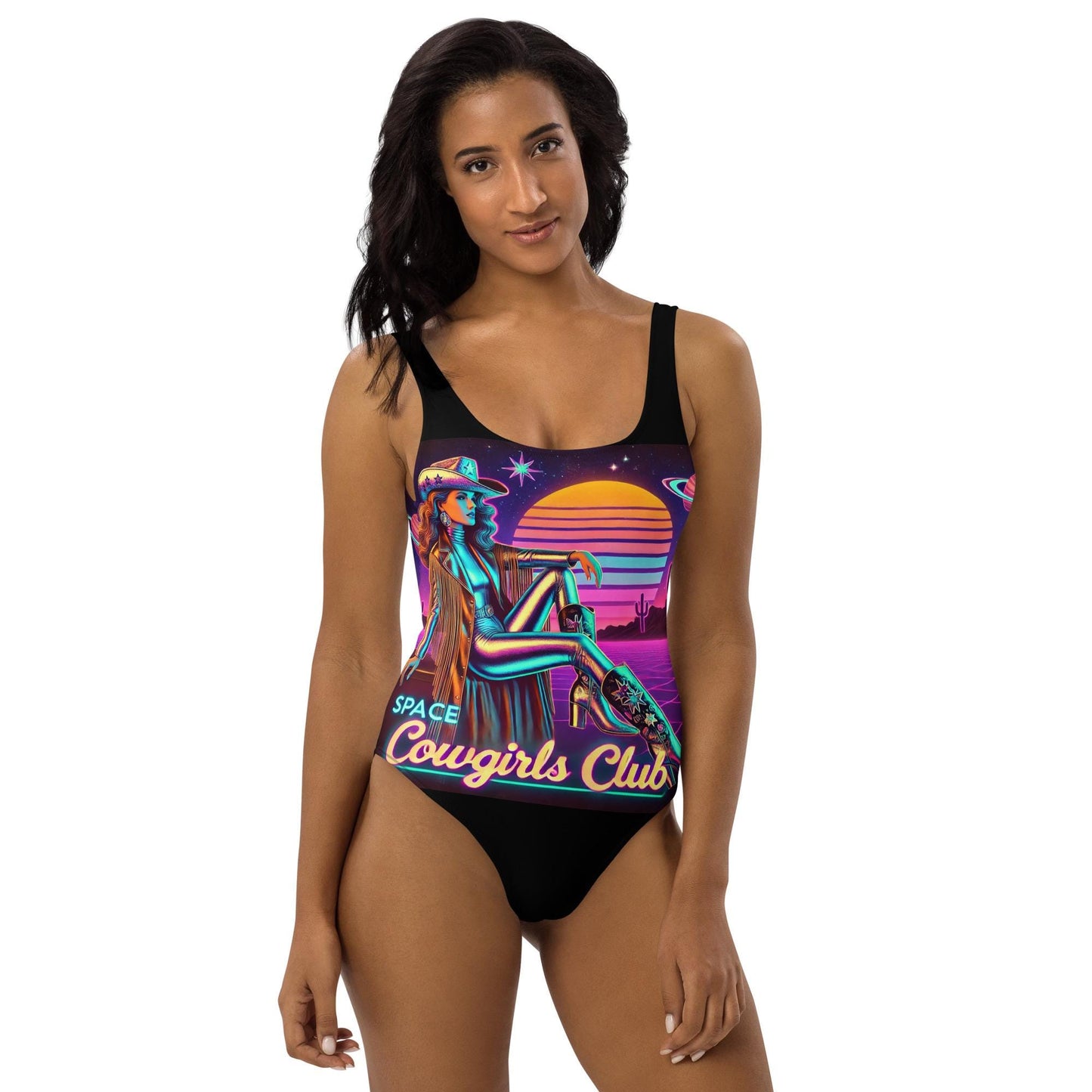 Space Cowgirl Club One-Piece Swimsuit with Stylish Cowgirl in Silver Catsuit | Unique Cosmic Cowgirl Swimwear | Cowgirl Themed Gift for Her