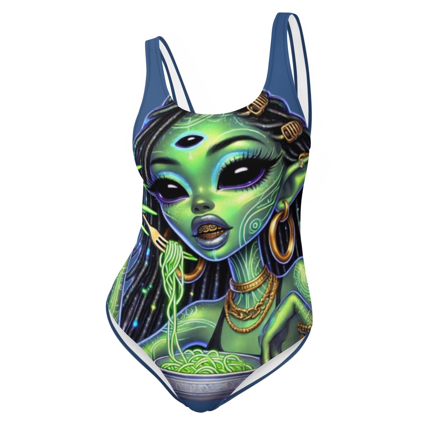 Unique Alien Superstar One-Piece Swimsuit | Urban Extraterrestrial Vibes with Alien Eating Ramen on a One Piece Swimsuit Great Gift for Her