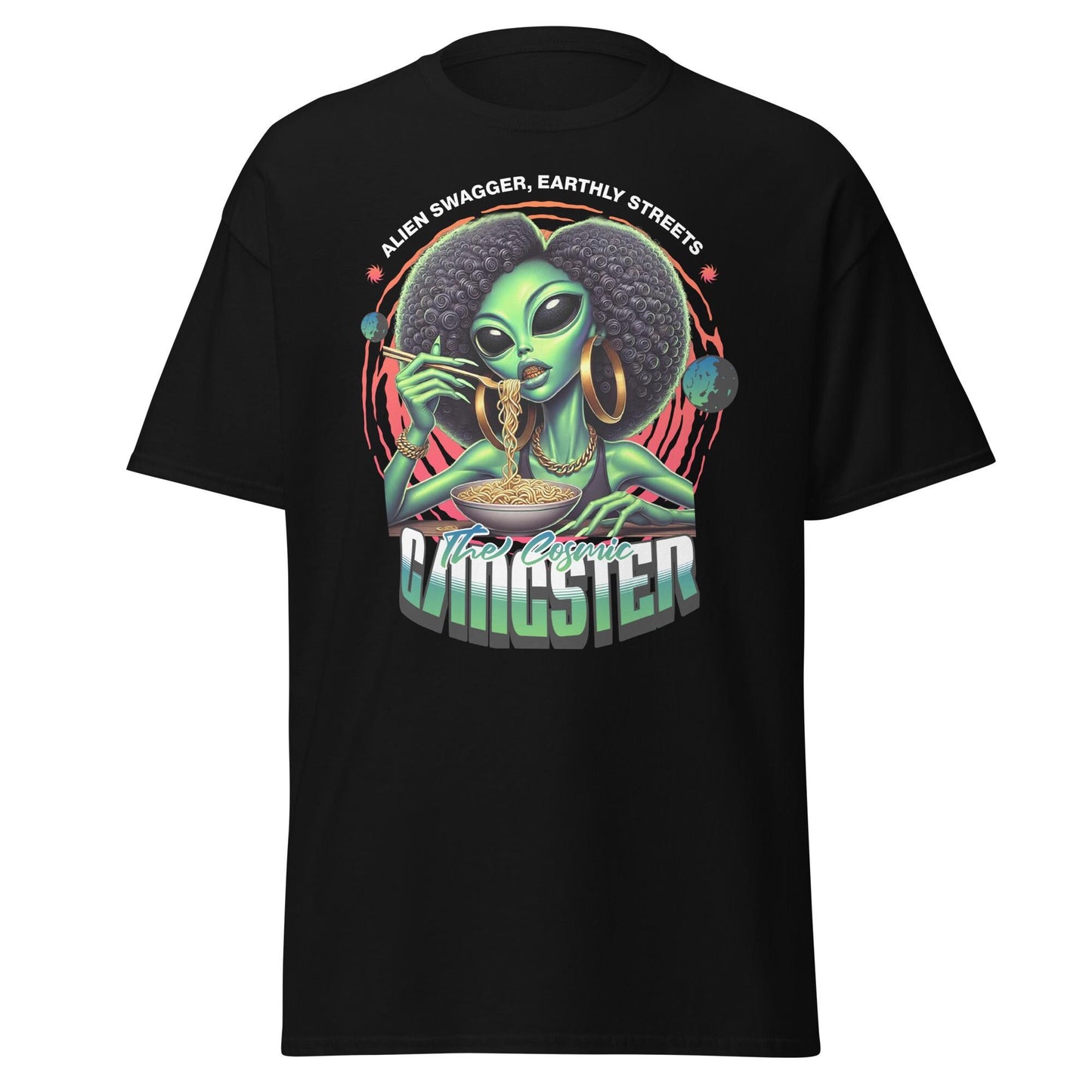 Cosmic Gangster Alien Babe Graphic Unisex Tee - Ramen Lover Shirt | Ramen Lover Shirt with Urban Alien Babe Design Unique Gift for Her