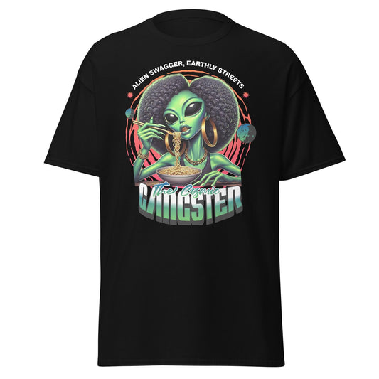 Cosmic Gangster Alien Babe Graphic Unisex Tee - Ramen Lover Shirt | Ramen Lover Shirt with Urban Alien Babe Design Unique Gift for Her