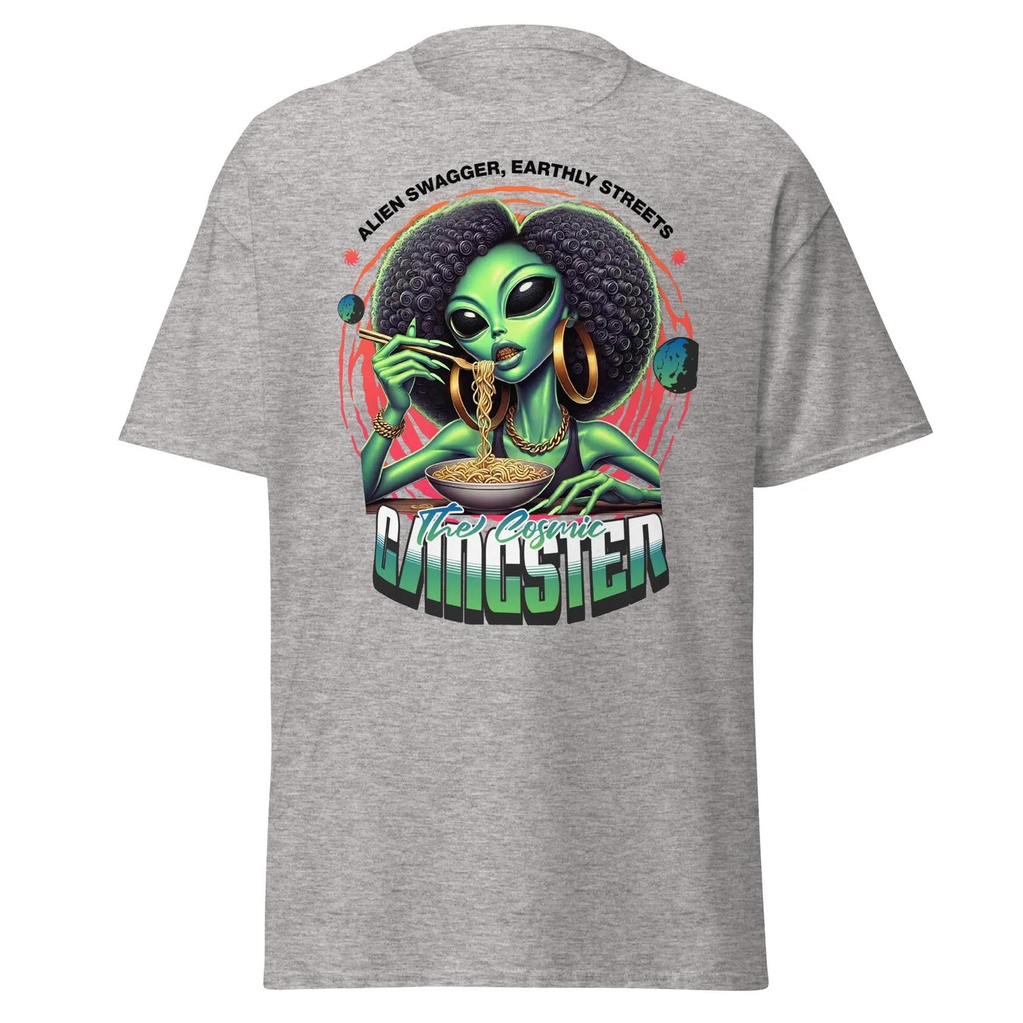 Cosmic Gangster Alien Babe Graphic Unisex Tee - Ramen Lover Shirt | Ramen Lover Shirt with Urban Alien Babe Design Unique Gift for Her