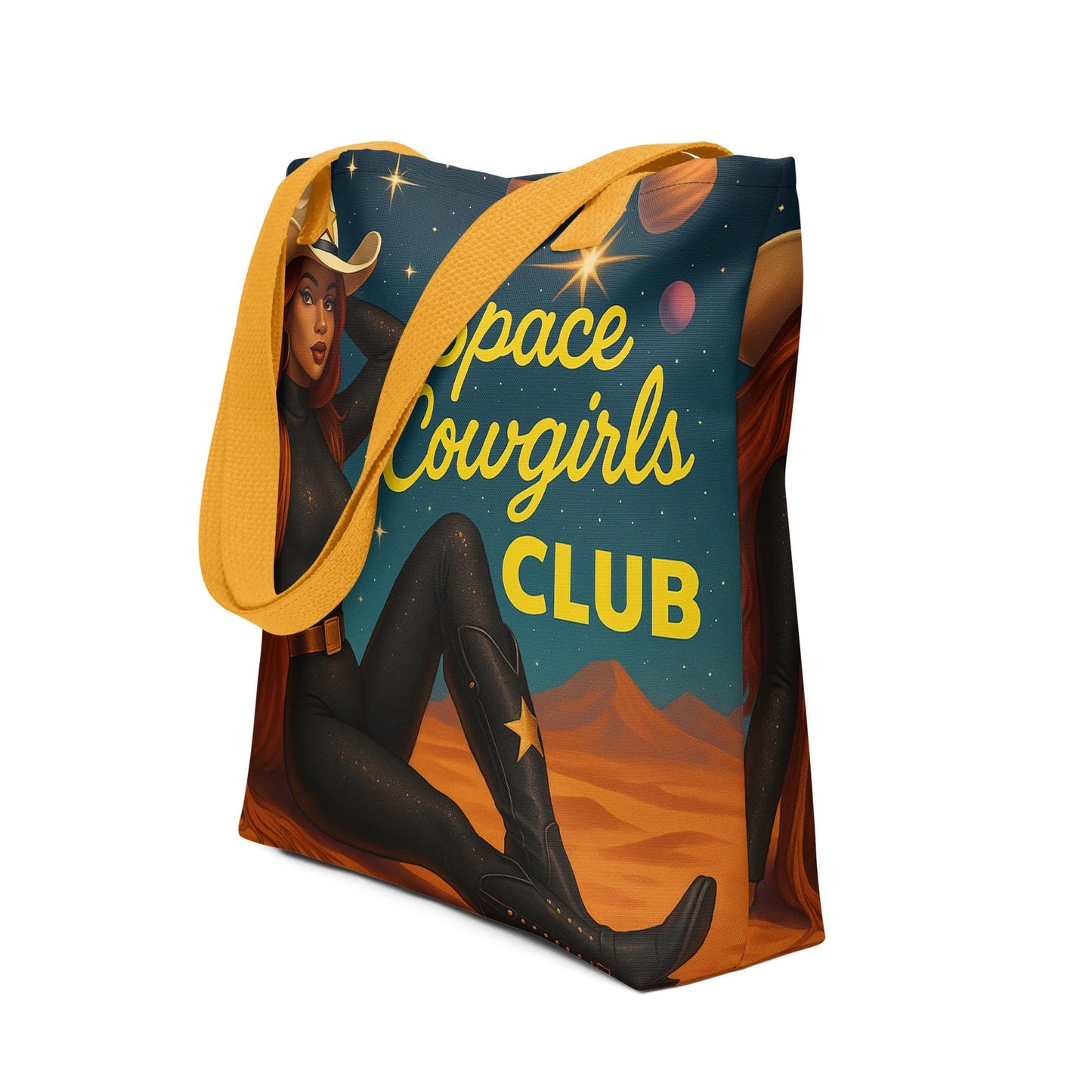 Space Cowgirl Tote Bag| Brown Skinned Girl Western Galaxy Print Bag | Retro Cowgirl Aesthetic Gift for Her | Sci-Fi Rodeo All Over Print Bag