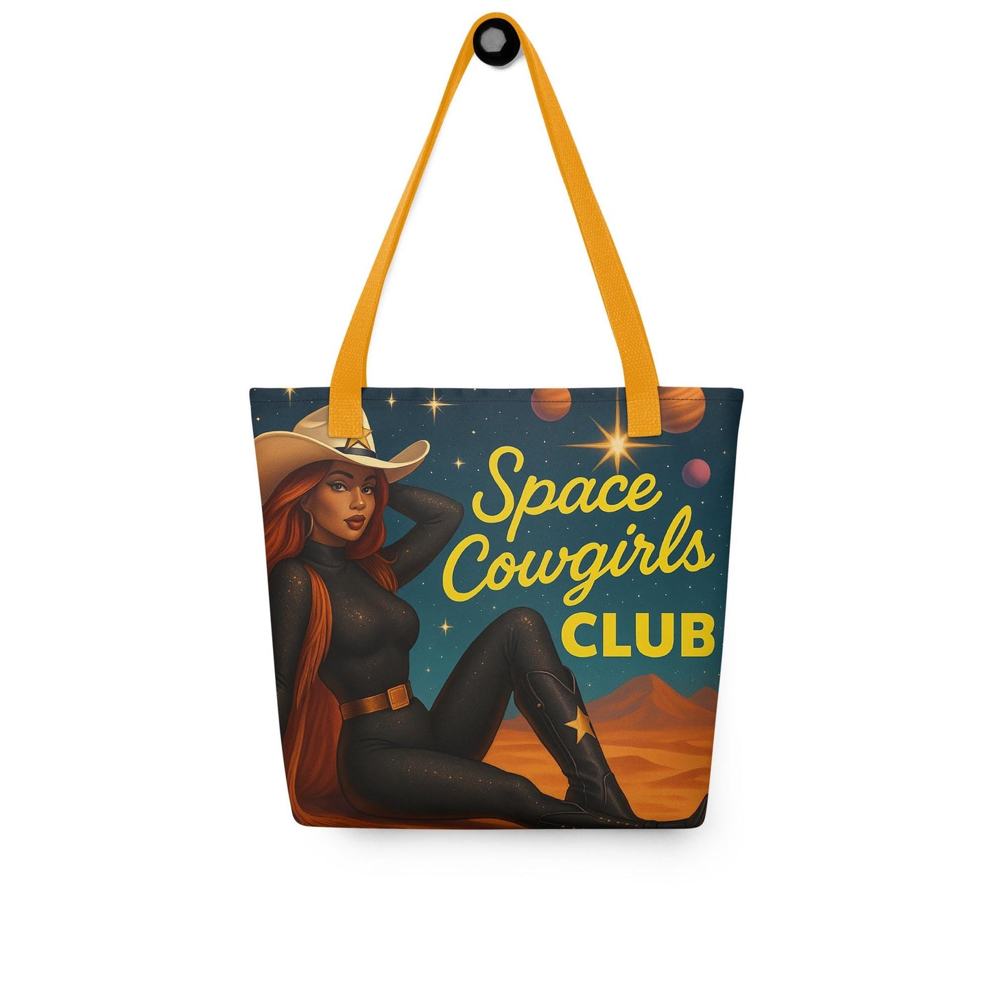 Space Cowgirl Tote Bag| Brown Skinned Girl Western Galaxy Print Bag | Retro Cowgirl Aesthetic Gift for Her | Sci-Fi Rodeo All Over Print Bag