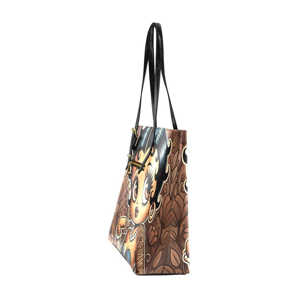 Vintage Earth Tone Black Betty Boop Character PU Leather Tote Bag | Black Betty Boop Bag Great Gift for Her | Black Betty Boop Trending Bag