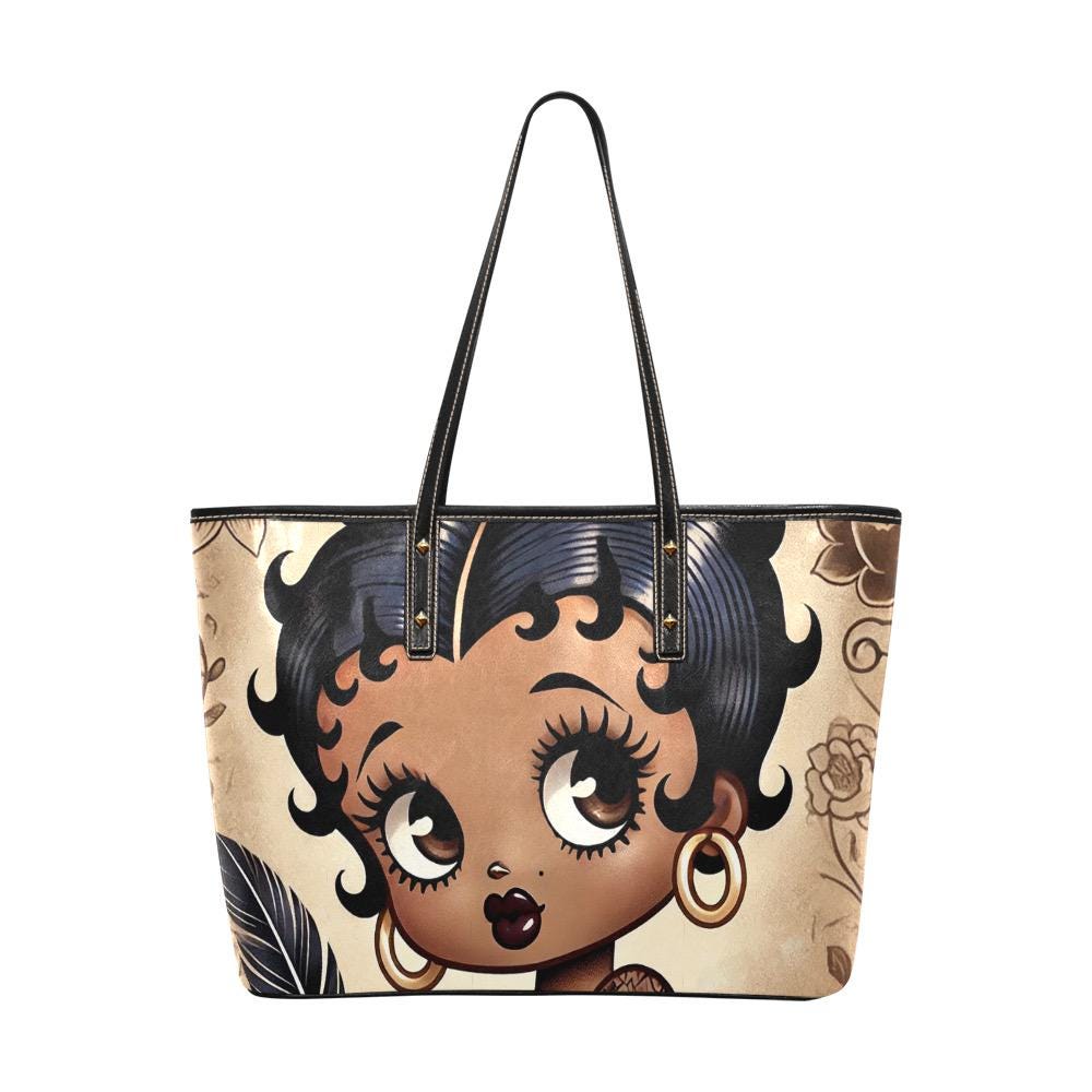 Vintage Earth Tone Melanin Beauty Betty Boop Character Lg Leather Tote | Black Betty Boop Bag Popular Gift | Black Betty Boop Trending Bag