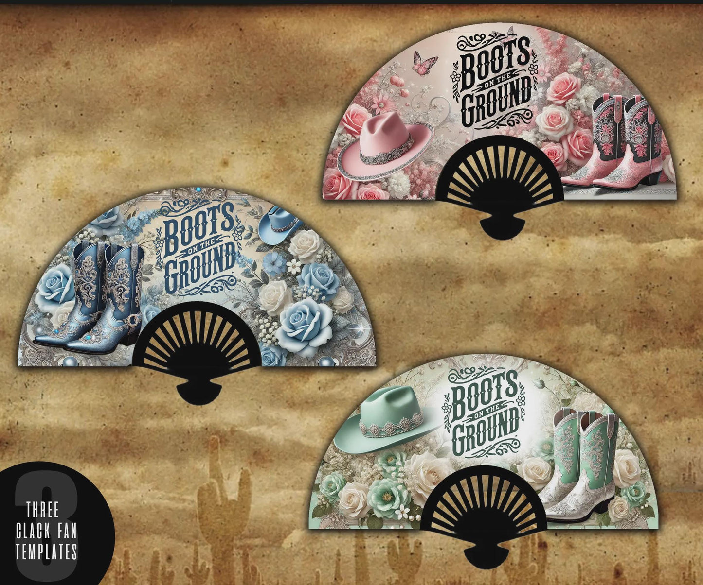 3 Set of Beautiful Clack Fan Templates - These are non editable - Set of 3 Boots on The Ground Templates for Clack Fans PNG High Quality