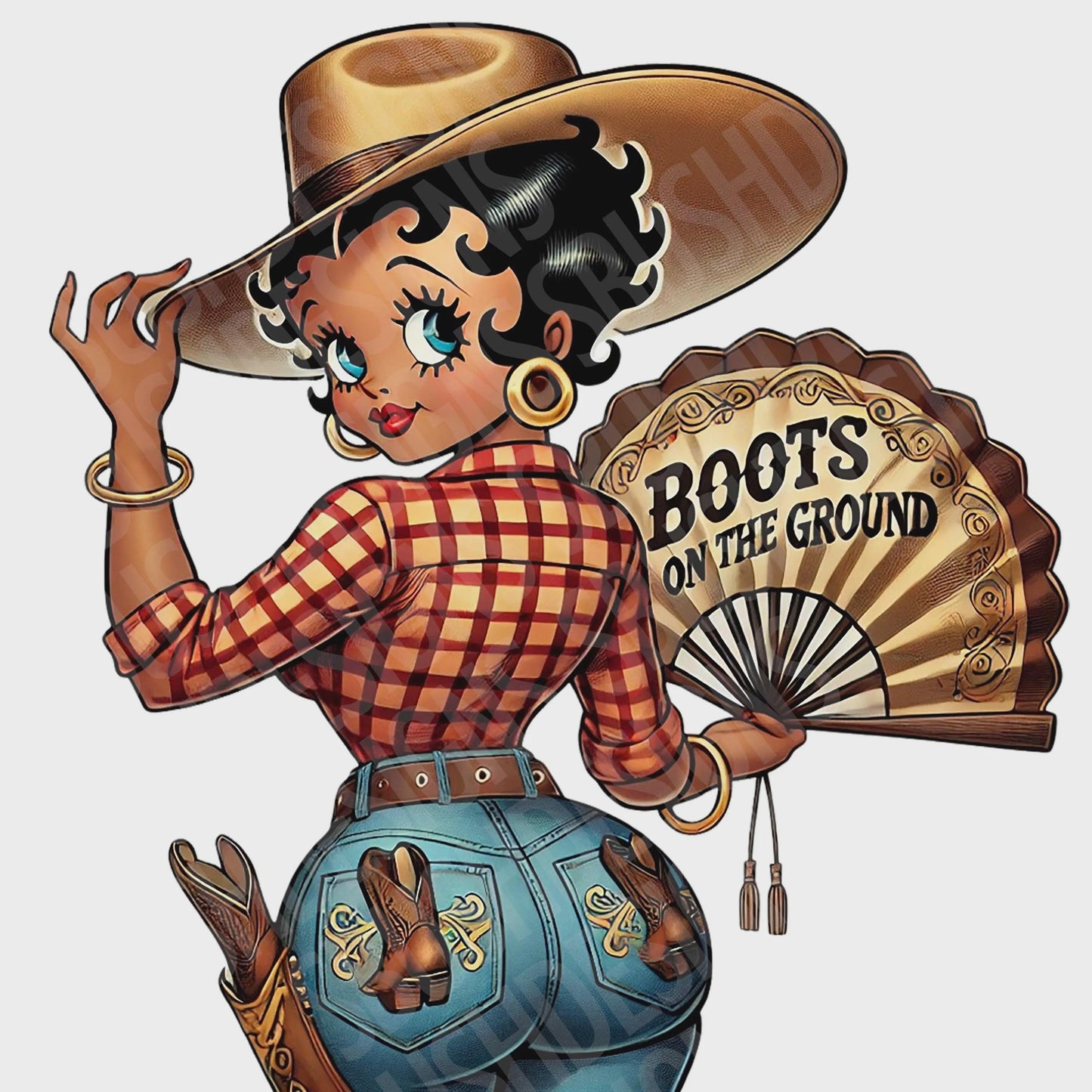 Boots on the Ground Black Betty Boop with Clack Fan HQ Digital File - Use for Tumblers, Luggage Tag, Clothing, Party Favors, Clack Fans etc