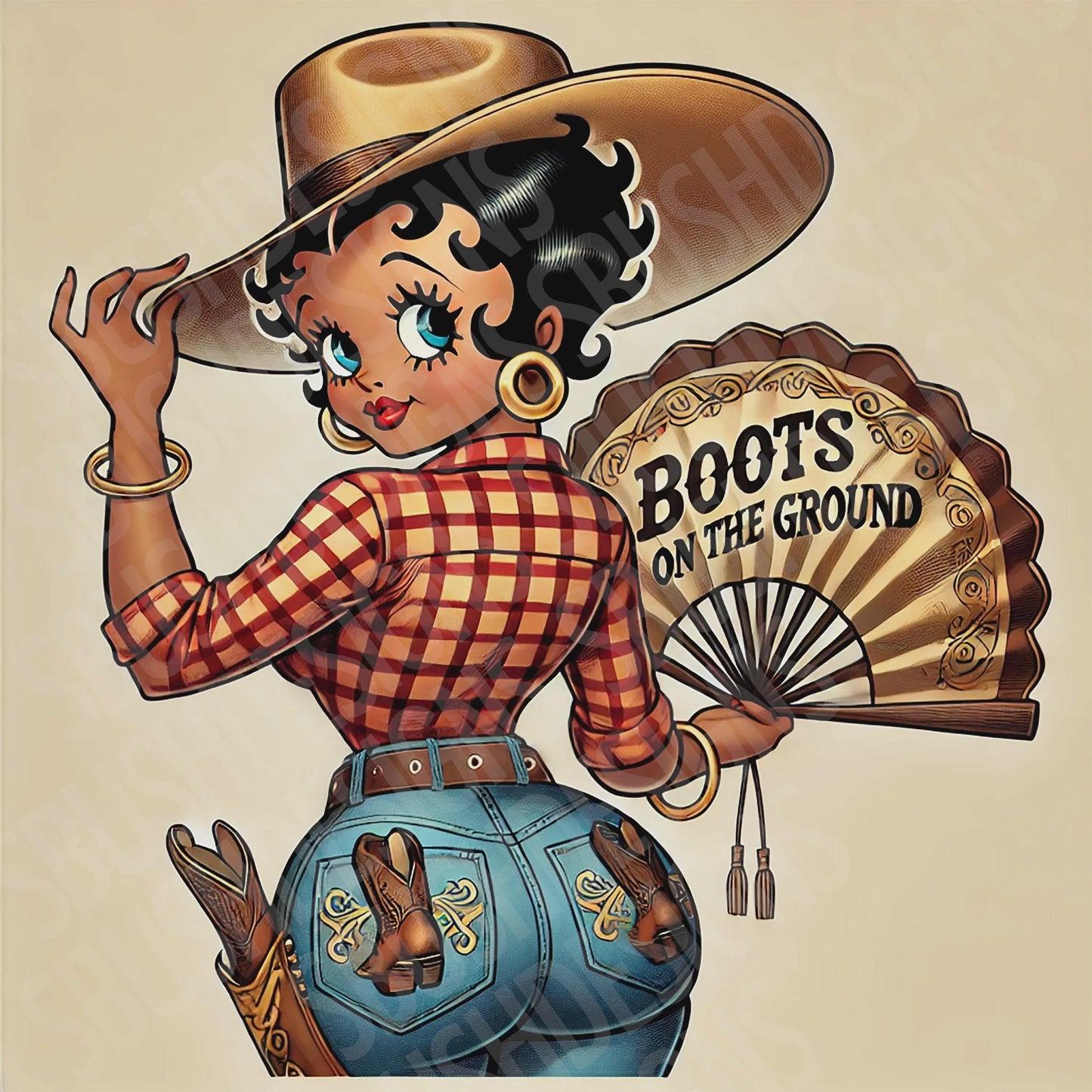 Boots on the Ground Black Betty Boop with Clack Fan HQ Digital File - Use for Tumblers, Luggage Tag, Clothing, Party Favors, Clack Fans etc