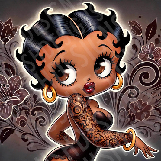 Black Betty Boop Inspired Artwork featuring Beautiful Floral background - Vintage Style Betty Boop Floral Portrait -  DIGITAL FILE ONLY