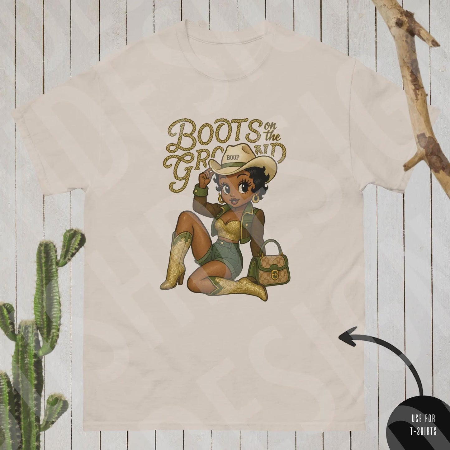 Black Betty Boop Cowgirl Boots on the Ground Image - Green & Gold Vintage Pin Up Western Betty Boop -  Instant Download DIGITAL FILE ONLY