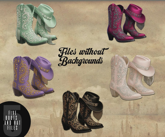 5 Beautiful Sets of Cowboy Boots & Hats - 10 High Quality Files with and without background  Use for Clack Fans, Clothing, Totes, etc