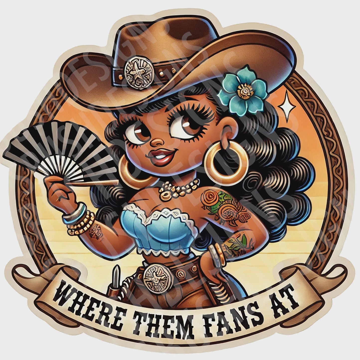 Beautiful Voluptuous Melanin Queen Cowgirl Where Them Fans At File -PNG File Vintage Western Rodeo Style Image Use for Clothing, Fans, etc
