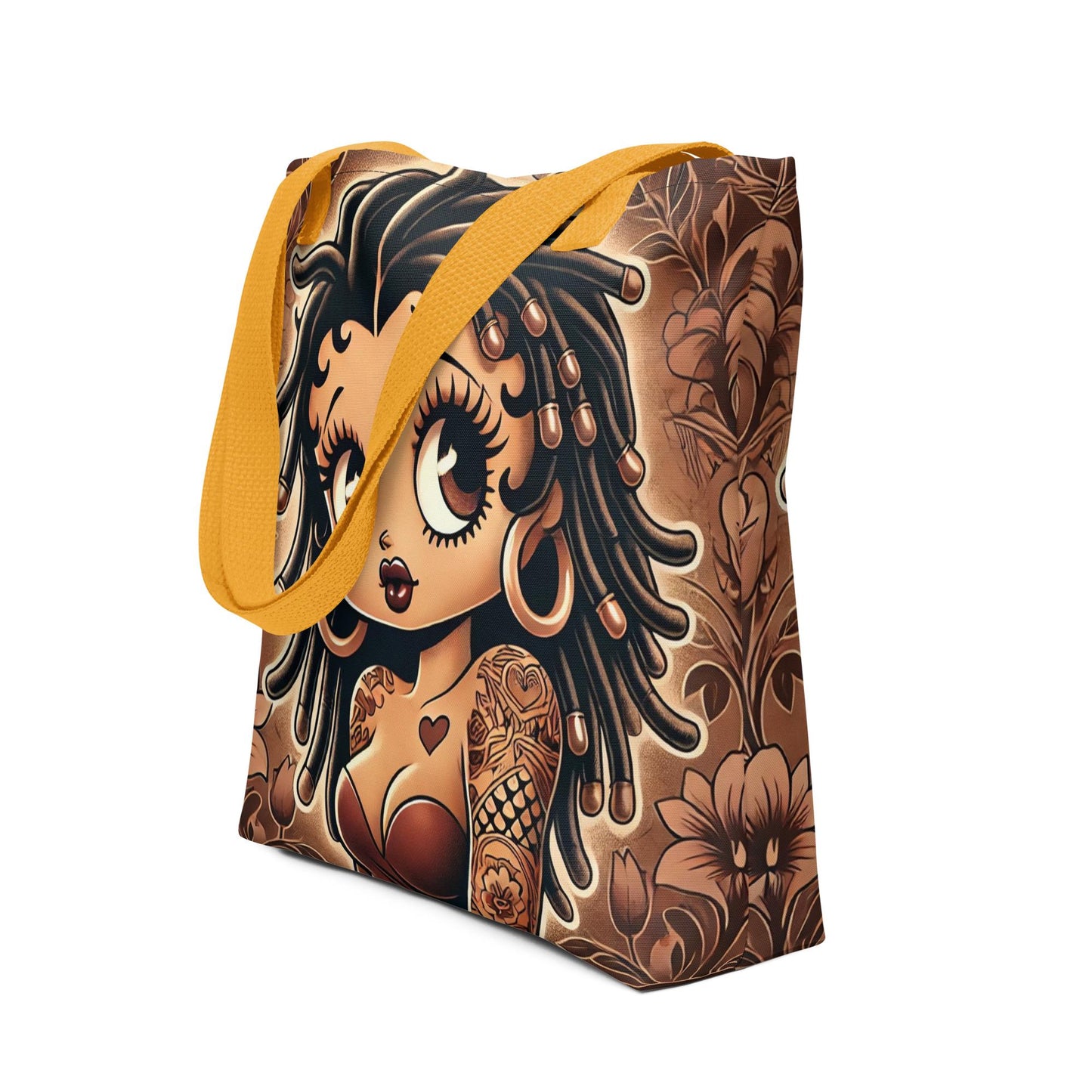Loc'd Betty Boop Tote Bag | Afrocentric Pin-Up Girl with Tattoos, Big Eyes & Floral Art – Black Girl Magic Aesthetic Bag Great Gift for Her