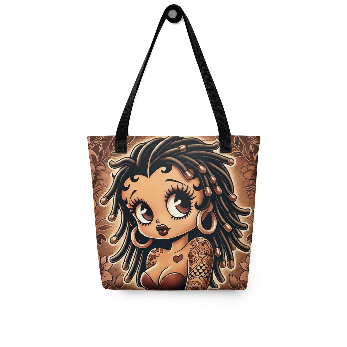 Loc'd Betty Boop Tote Bag | Afrocentric Pin-Up Girl with Tattoos, Big Eyes & Floral Art – Black Girl Magic Aesthetic Bag Great Gift for Her