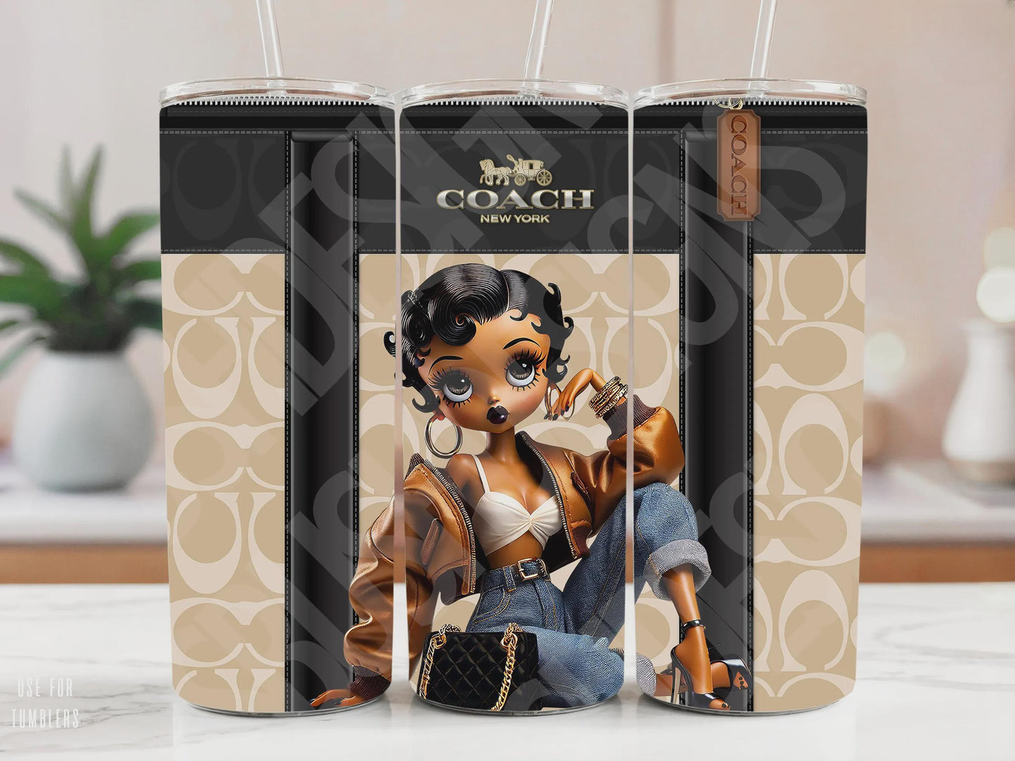 Stylish Black Betty Boop Coach Tumbler Wrap PNG High Resolution File -  Betty Boop Luxury Black and Brown Themed Coach Design Tumbler File