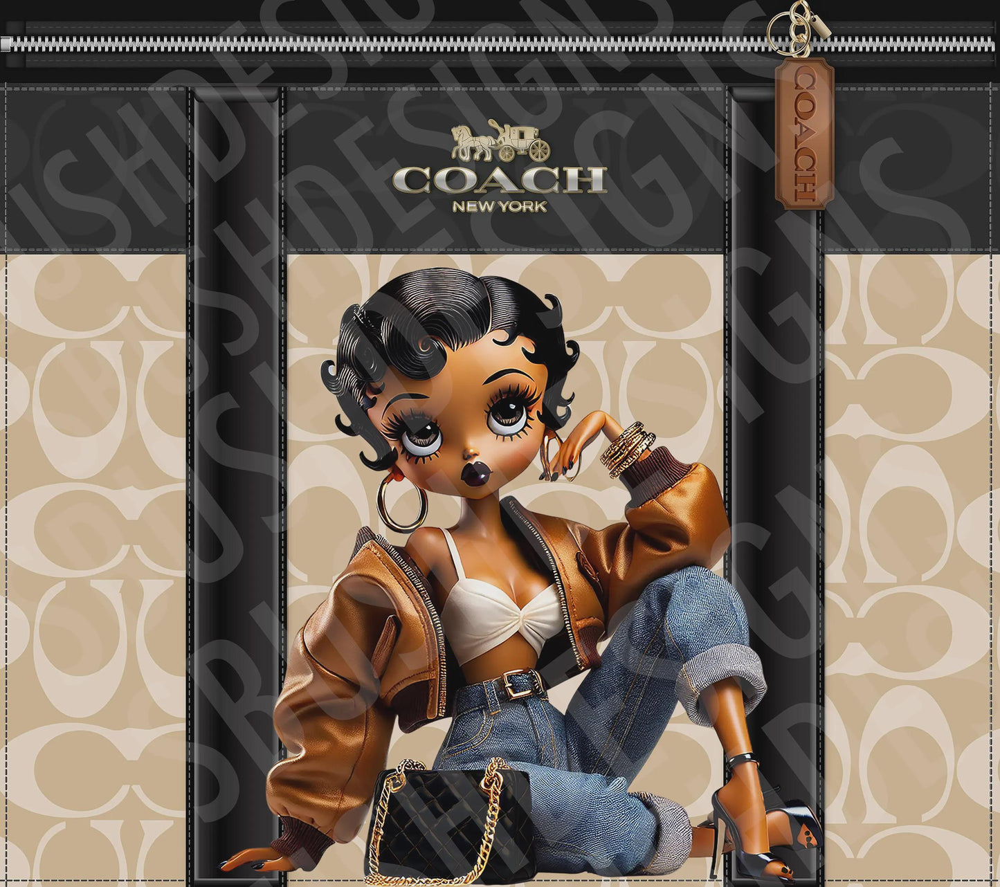 Stylish Black Betty Boop Coach Tumbler Wrap PNG High Resolution File -  Betty Boop Luxury Black and Brown Themed Coach Design Tumbler File