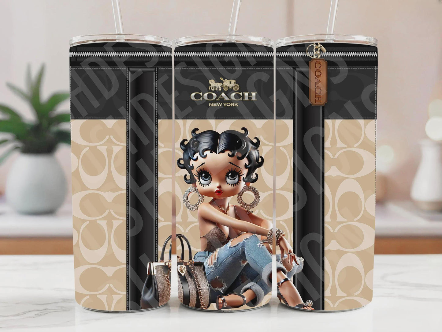 Stylish Betty Boop Coach Tumbler Wrap PNG High Resolution File -  Betty Boop Luxury Black and Brown Themed Coach Design Tumbler File
