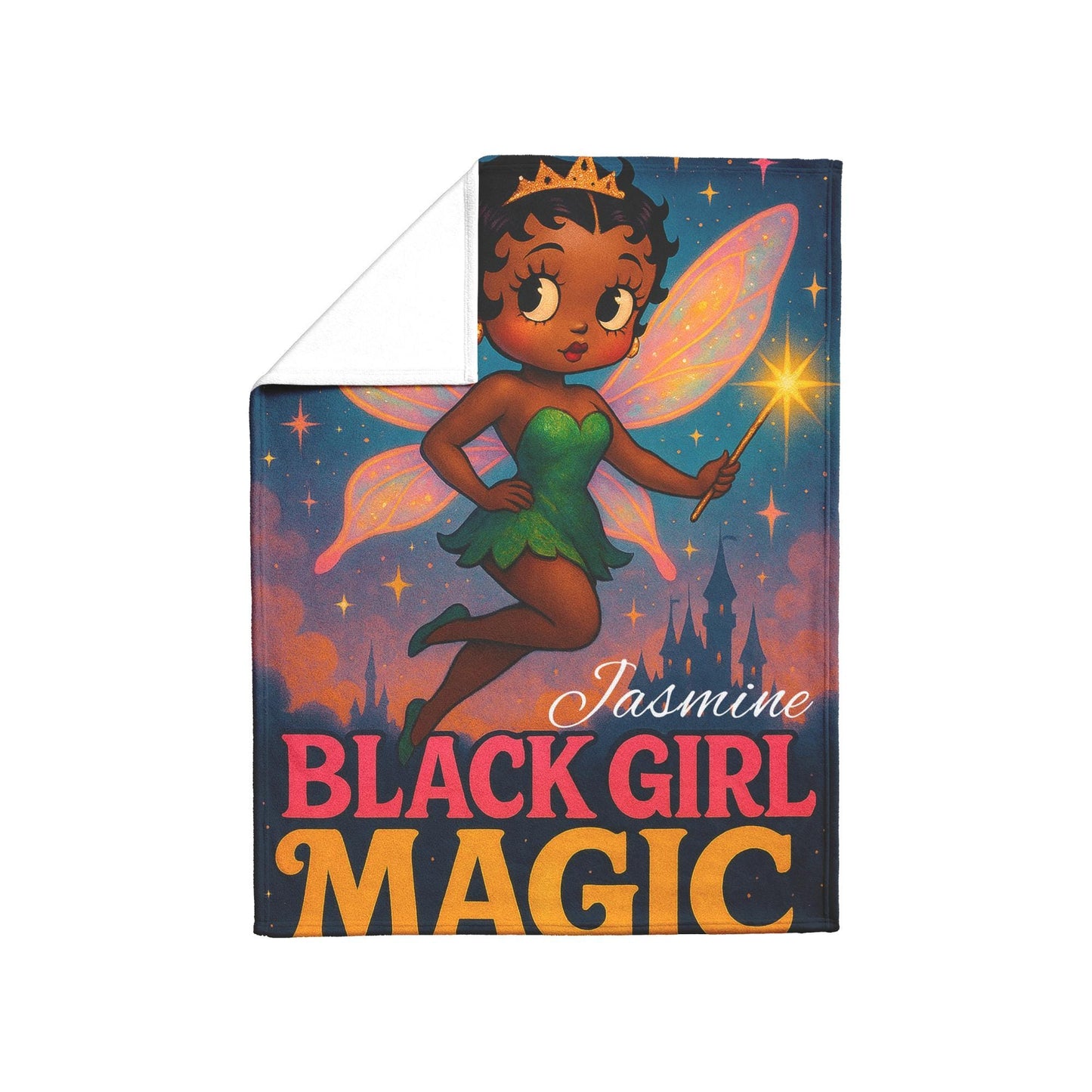 Black Girl Magic Fairy Blanket | Afro Princess with Wings, Crown & Wand – Cozy Empowerment Throw Great Gift for Her For Kids and Adults