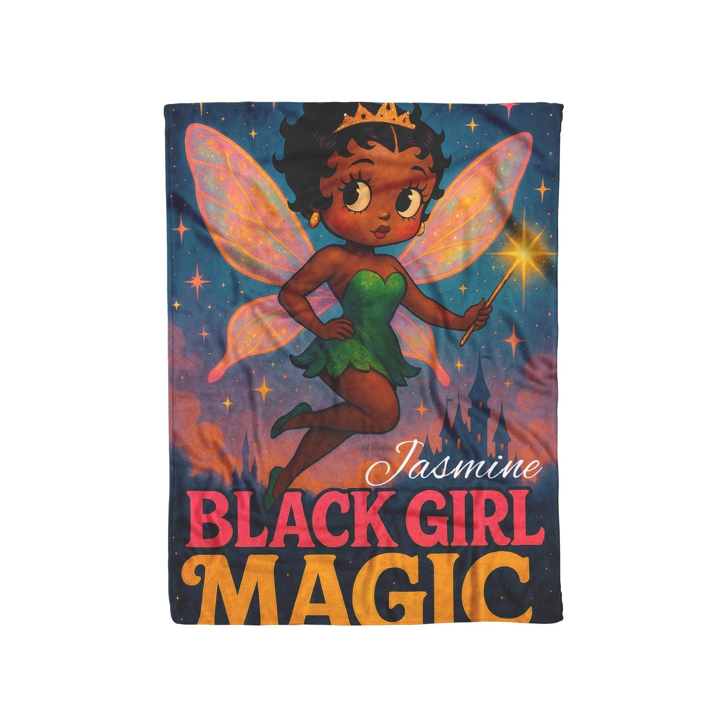 Black Girl Magic Fairy Blanket | Afro Princess with Wings, Crown & Wand – Cozy Empowerment Throw Great Gift for Her For Kids and Adults