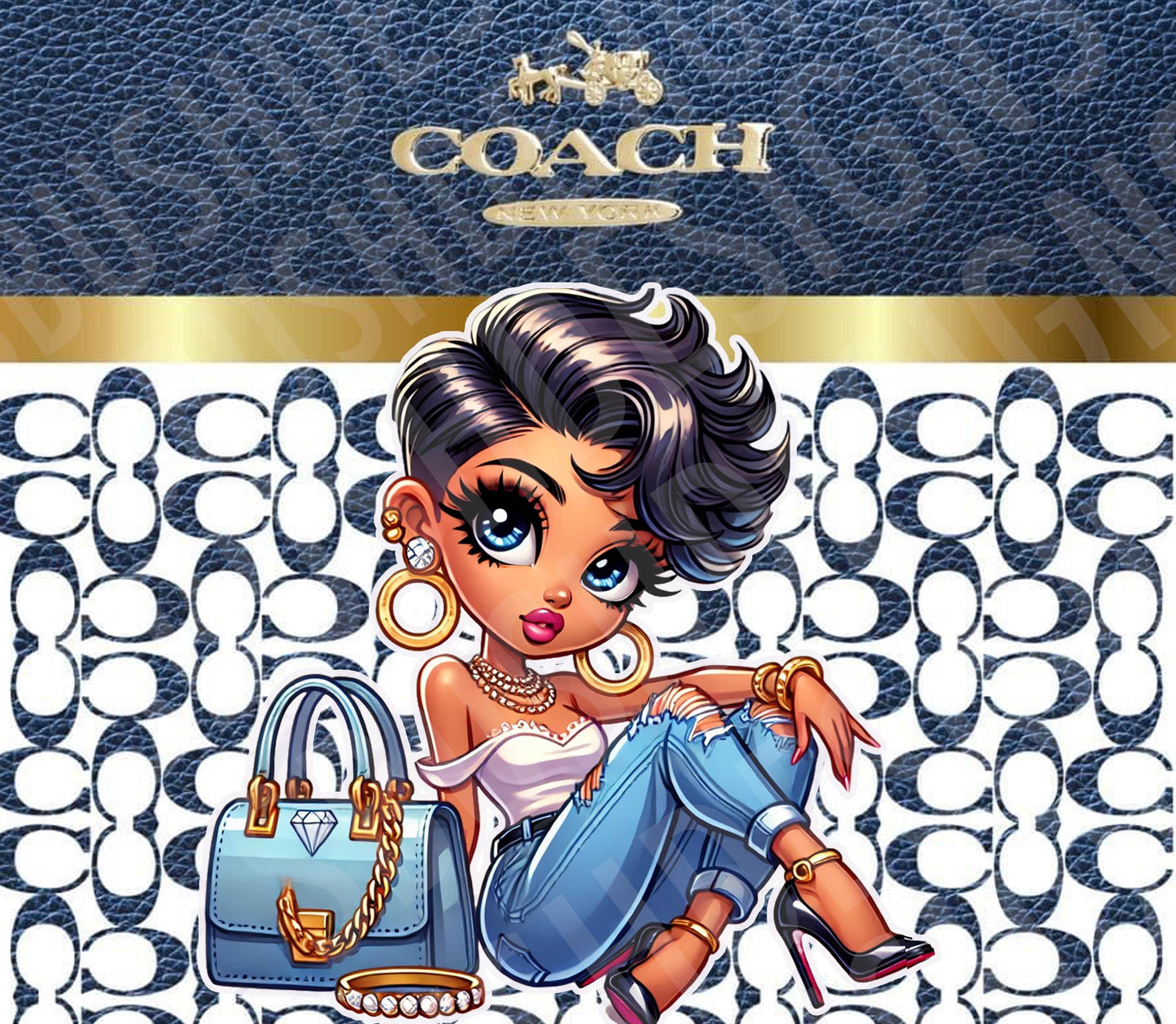 Super Chic Modern Betty Boop Purse Tumbler Wrap PNG High Resolution File - Luxury Tumbler File with Blue and Gold Betty Boop Theme Design