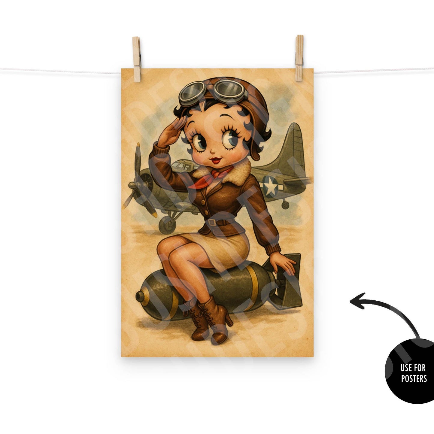 Vintage Aviator Betty Boop Pin-Up Girl Digital Art – WW2 Inspired Pilot Print – Retro Nose Art Style for Instant Download -DIGITAL FILE ONLY