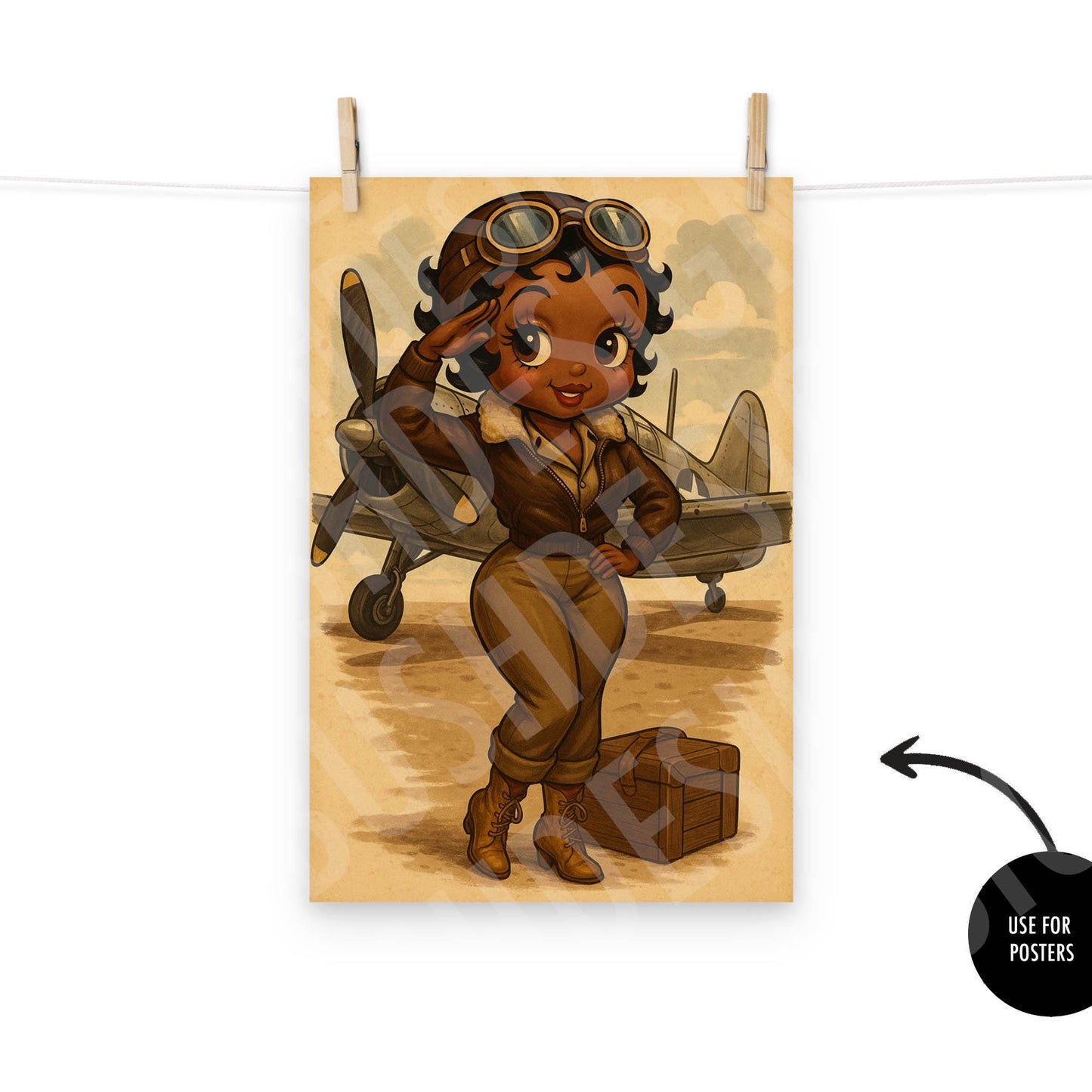 Vintage Aviator Black Betty Boop Pin-Up Girl Digital Art – WW2 Inspired Pilot Print – Retro Nose Art Style for Instant DIGITAL FILE Download