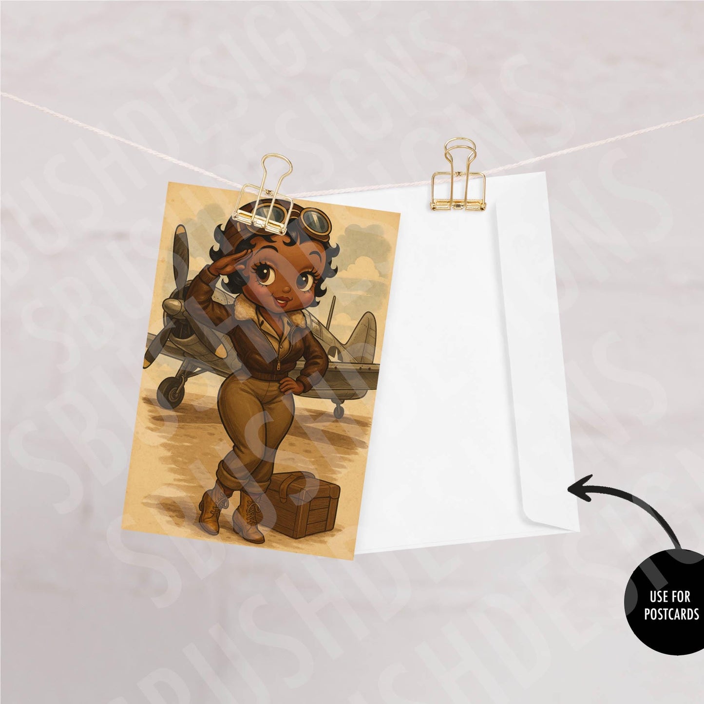 Vintage Aviator Black Betty Boop Pin-Up Girl Digital Art – WW2 Inspired Pilot Print – Retro Nose Art Style for Instant DIGITAL FILE Download