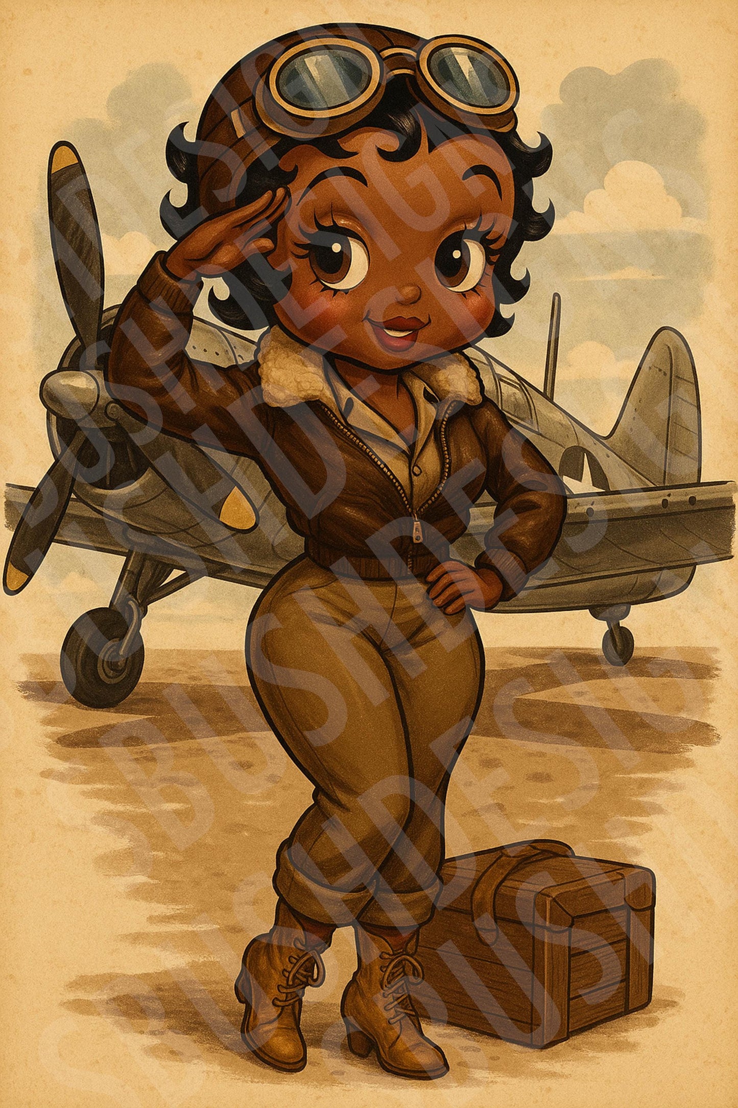 Vintage Aviator Black Betty Boop Pin-Up Girl Digital Art – WW2 Inspired Pilot Print – Retro Nose Art Style for Instant DIGITAL FILE Download
