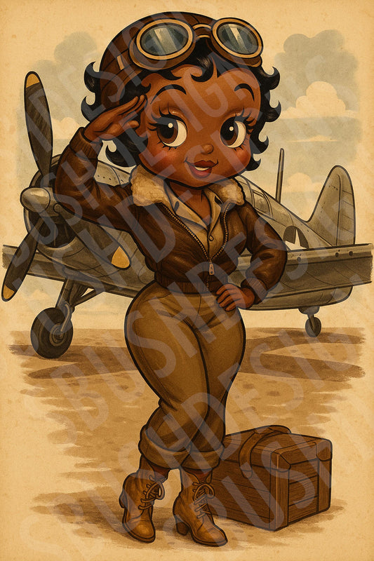 Vintage Aviator Black Betty Boop Pin-Up Girl Digital Art – WW2 Inspired Pilot Print – Retro Nose Art Style for Instant DIGITAL FILE Download