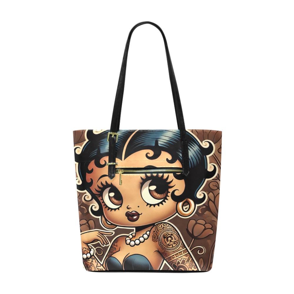 Vintage Earth Tone Black Betty Boop Character PU Leather Tote Bag | Black Betty Boop Bag Great Gift for Her | Black Betty Boop Trending Bag