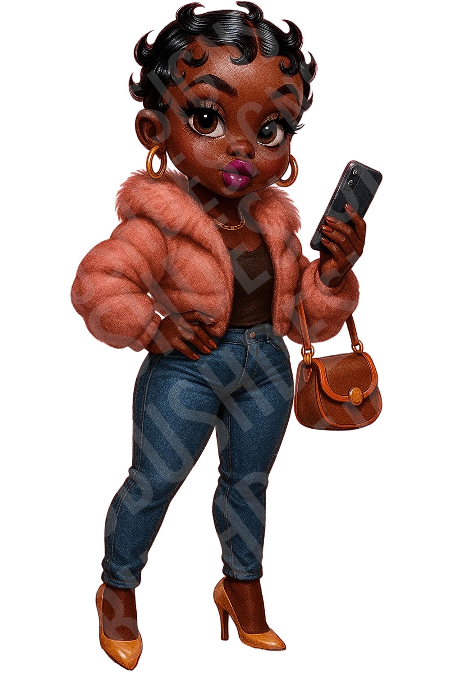 2 Curvy Black Betty Boop Girl Fashion PNG Images – Stylish Digital Download with Phone and Puff Jacket – Baddie Black Girl Clipart