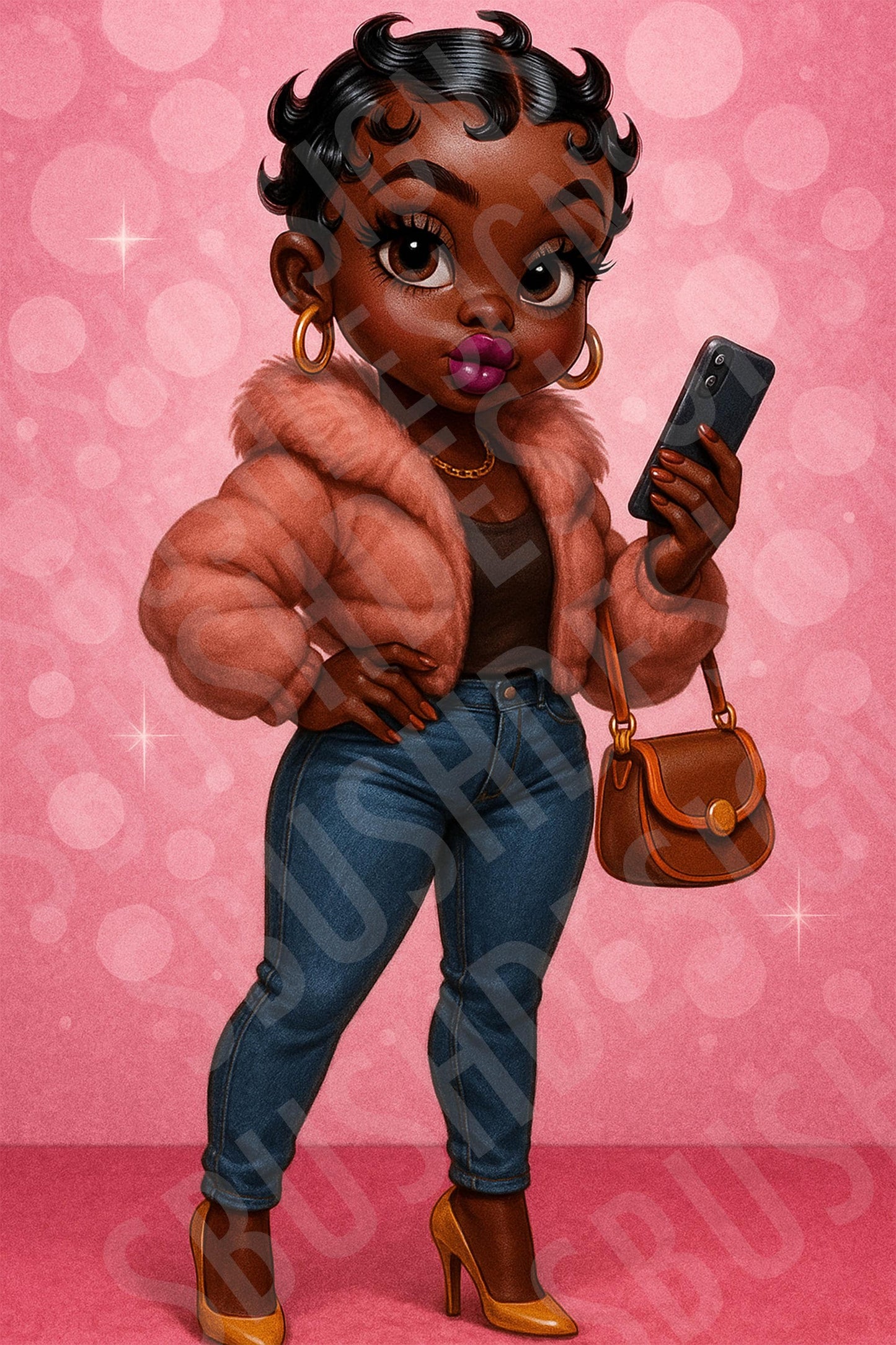 2 Curvy Black Betty Boop Girl Fashion PNG Images – Stylish Digital Download with Phone and Puff Jacket – Baddie Black Girl Clipart