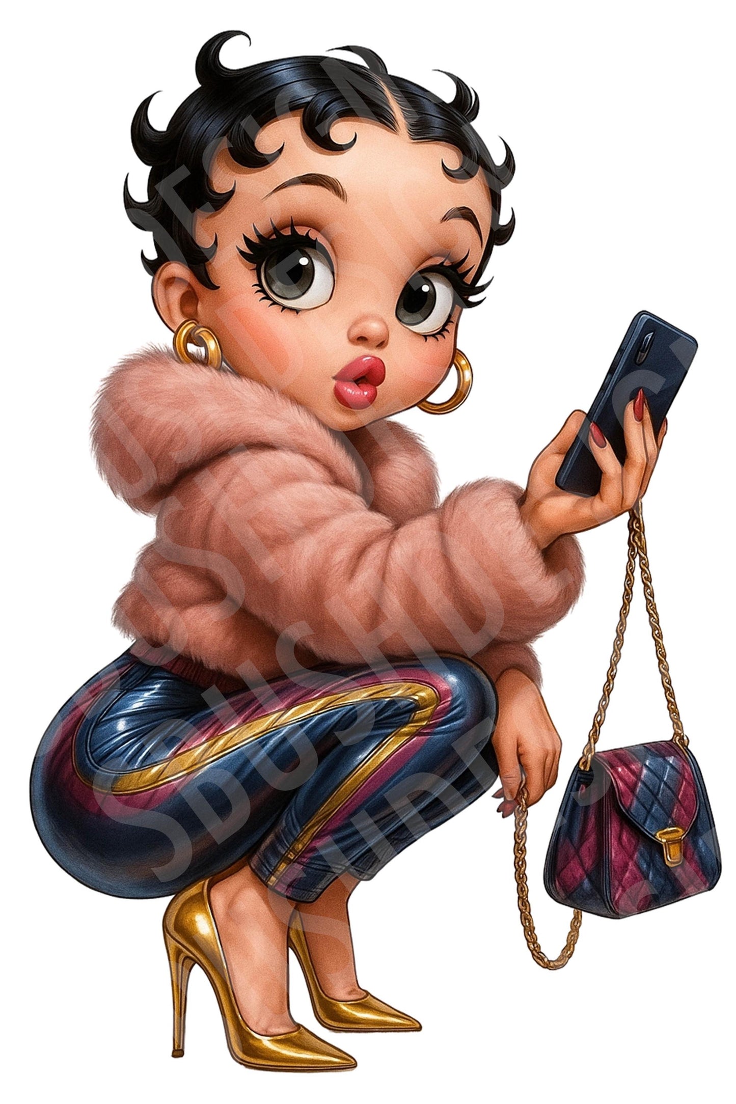 Trendy Betty Boop Baddie – Digital Stylish Girl in Heels with Phone, Puffy Jacket and Purse – Afrocentric Clipart for Stickers & Planners