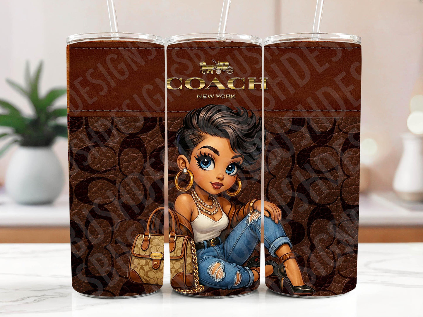 Coach-Inspired Modern Betty Boop Girl Tumbler Wrap  Fashion Diva PNG for 20oz Skinny Tumbler  Digital Download with Brown Luxury Pattern