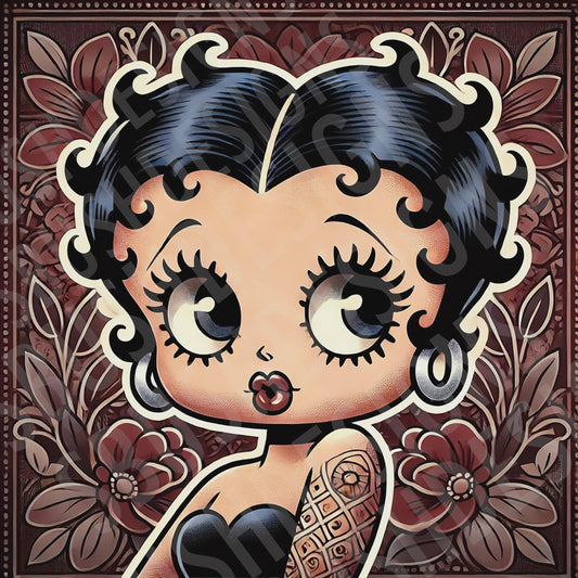 Betty Boop Inspired Artwork featuring Beautiful Floral background - 1 png File Vintage Style Betty Boop Floral Portrait -  DIGITAL FILE ONLY