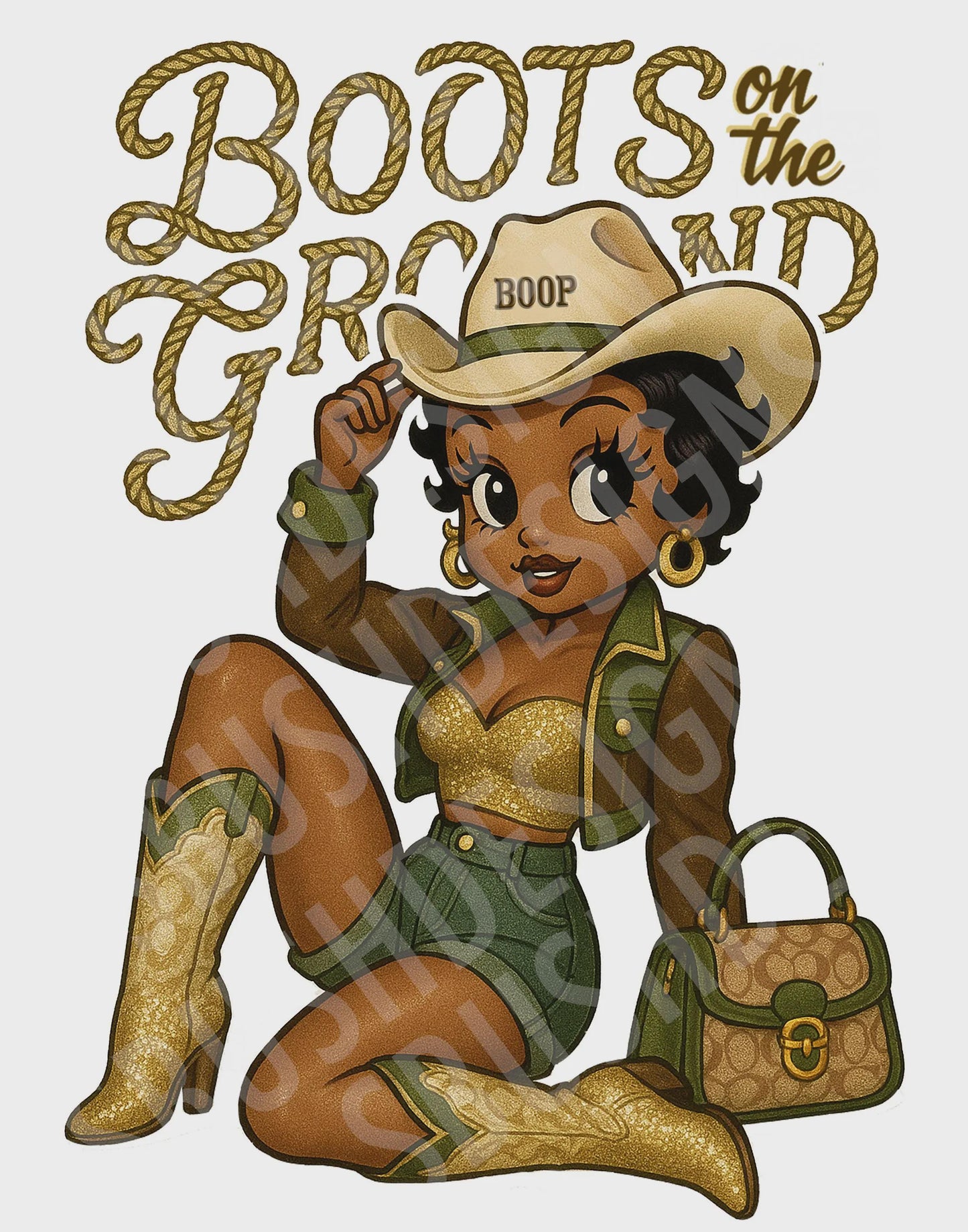 Black Betty Boop Cowgirl Boots on the Ground Image - Green & Gold Vintage Pin Up Western Betty Boop -  Instant Download DIGITAL FILE ONLY