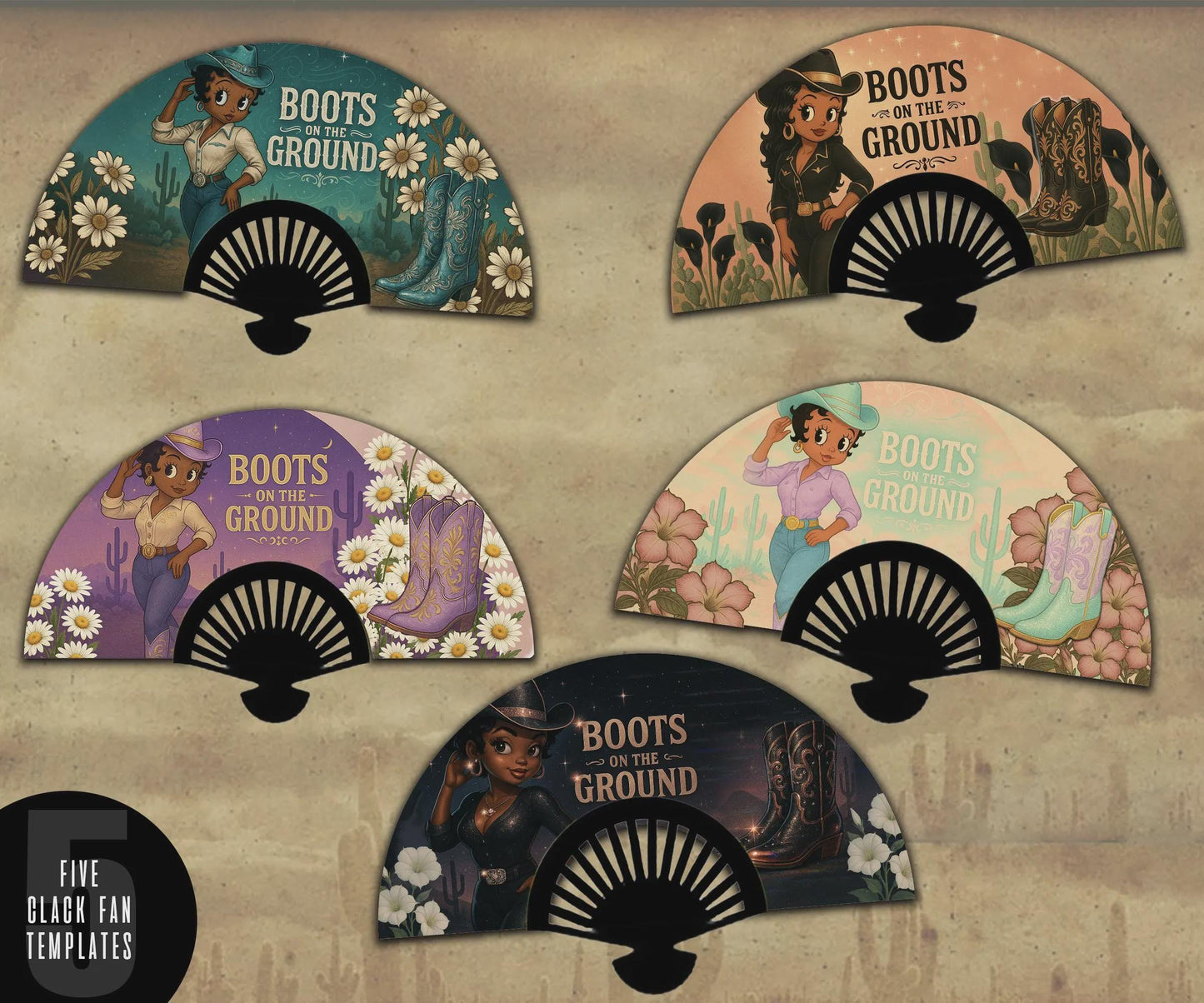 5 Stunning Set of Black Betty Boop Clack Fan Templates - These are non editable - 5 Boots on The Ground HQ PNG Files for Clack Fans