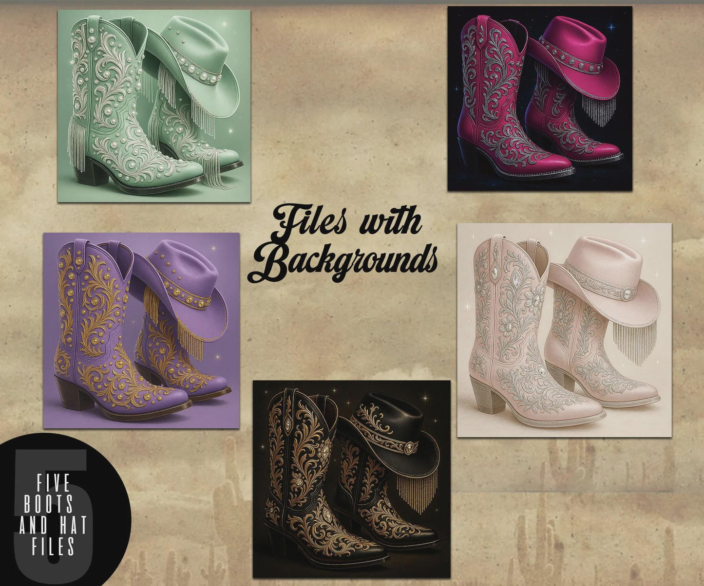 5 Beautiful Sets of Cowboy Boots & Hats - 10 High Quality Files with and without background  Use for Clack Fans, Clothing, Totes, etc