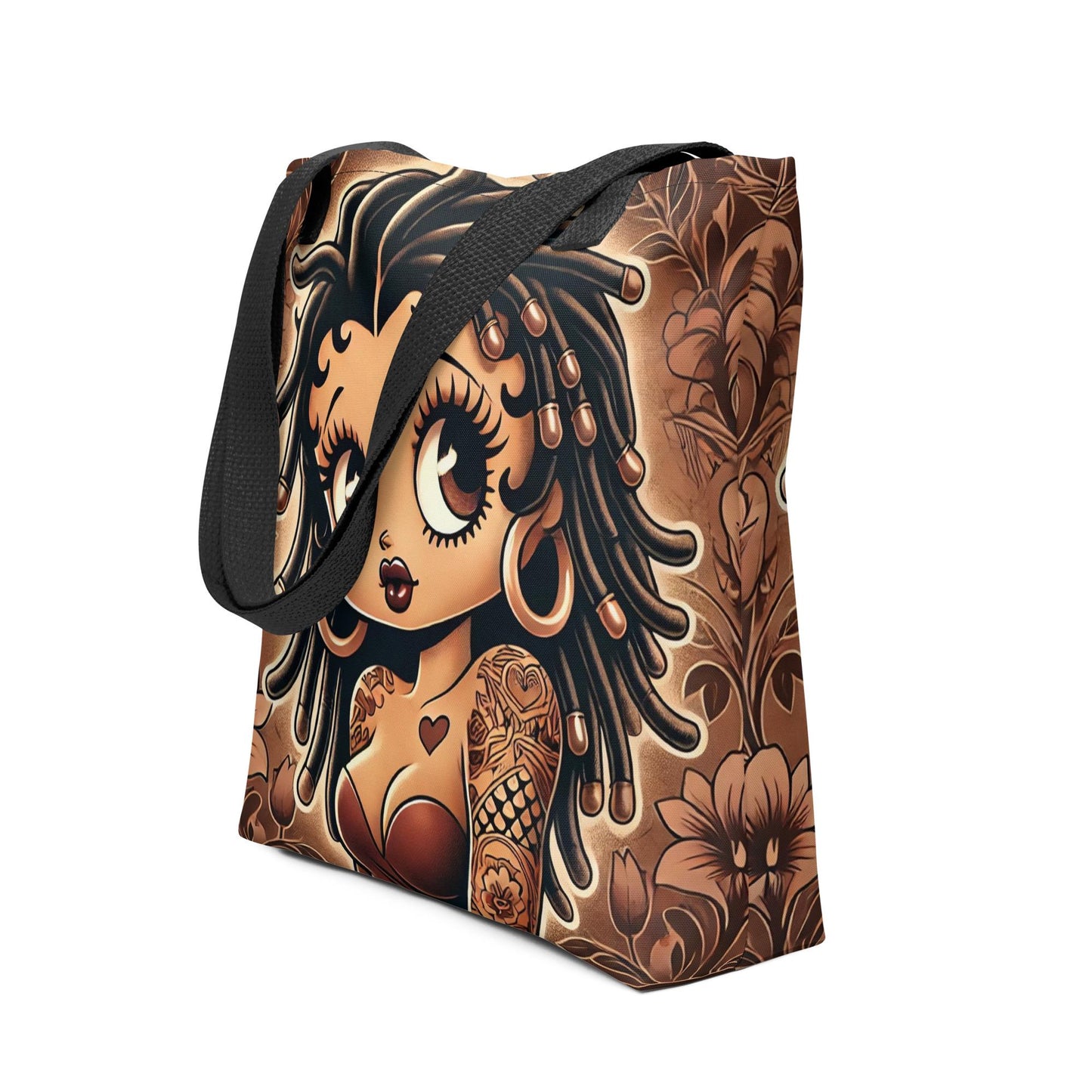 Loc'd Betty Boop Tote Bag | Afrocentric Pin-Up Girl with Tattoos, Big Eyes & Floral Art – Black Girl Magic Aesthetic Bag Great Gift for Her