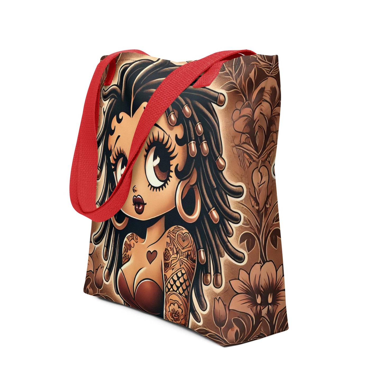 Loc'd Betty Boop Tote Bag | Afrocentric Pin-Up Girl with Tattoos, Big Eyes & Floral Art – Black Girl Magic Aesthetic Bag Great Gift for Her