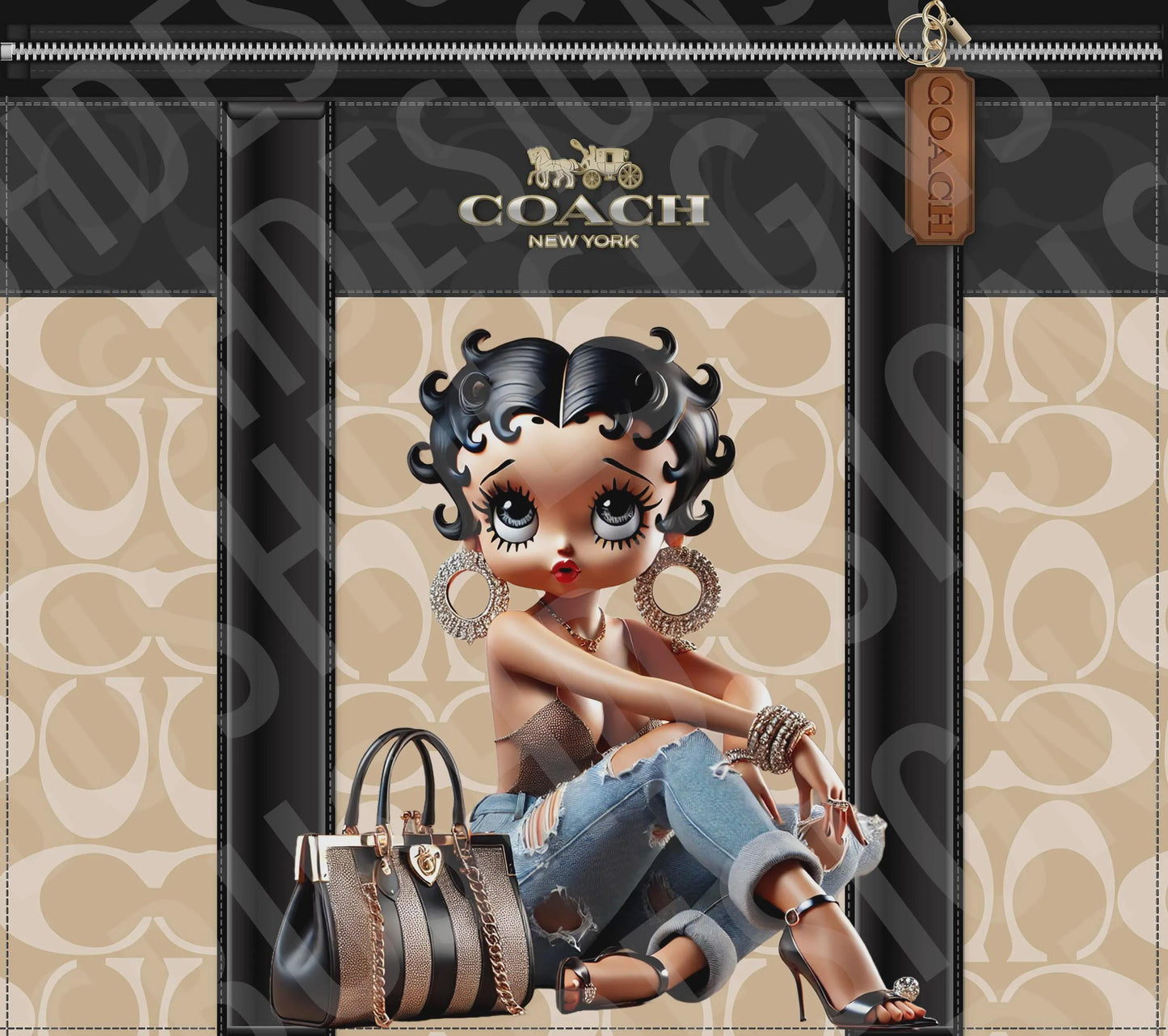 Stylish Betty Boop Coach Tumbler Wrap PNG High Resolution File -  Betty Boop Luxury Black and Brown Themed Coach Design Tumbler File