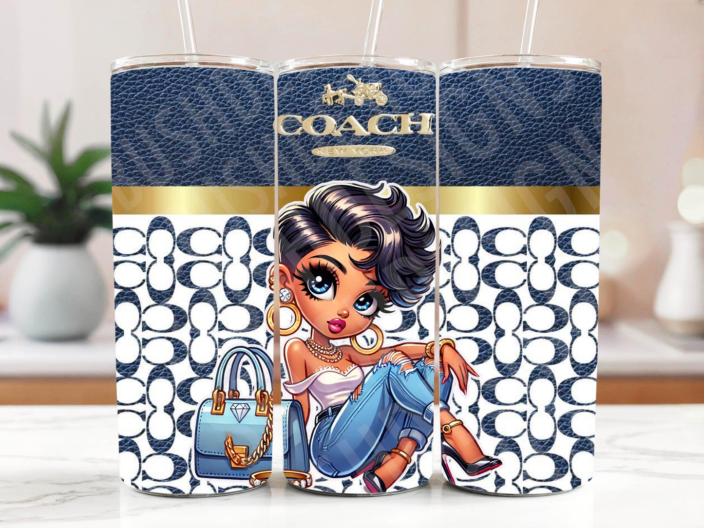 Super Chic Modern Betty Boop Purse Tumbler Wrap PNG High Resolution File - Luxury Tumbler File with Blue and Gold Betty Boop Theme Design