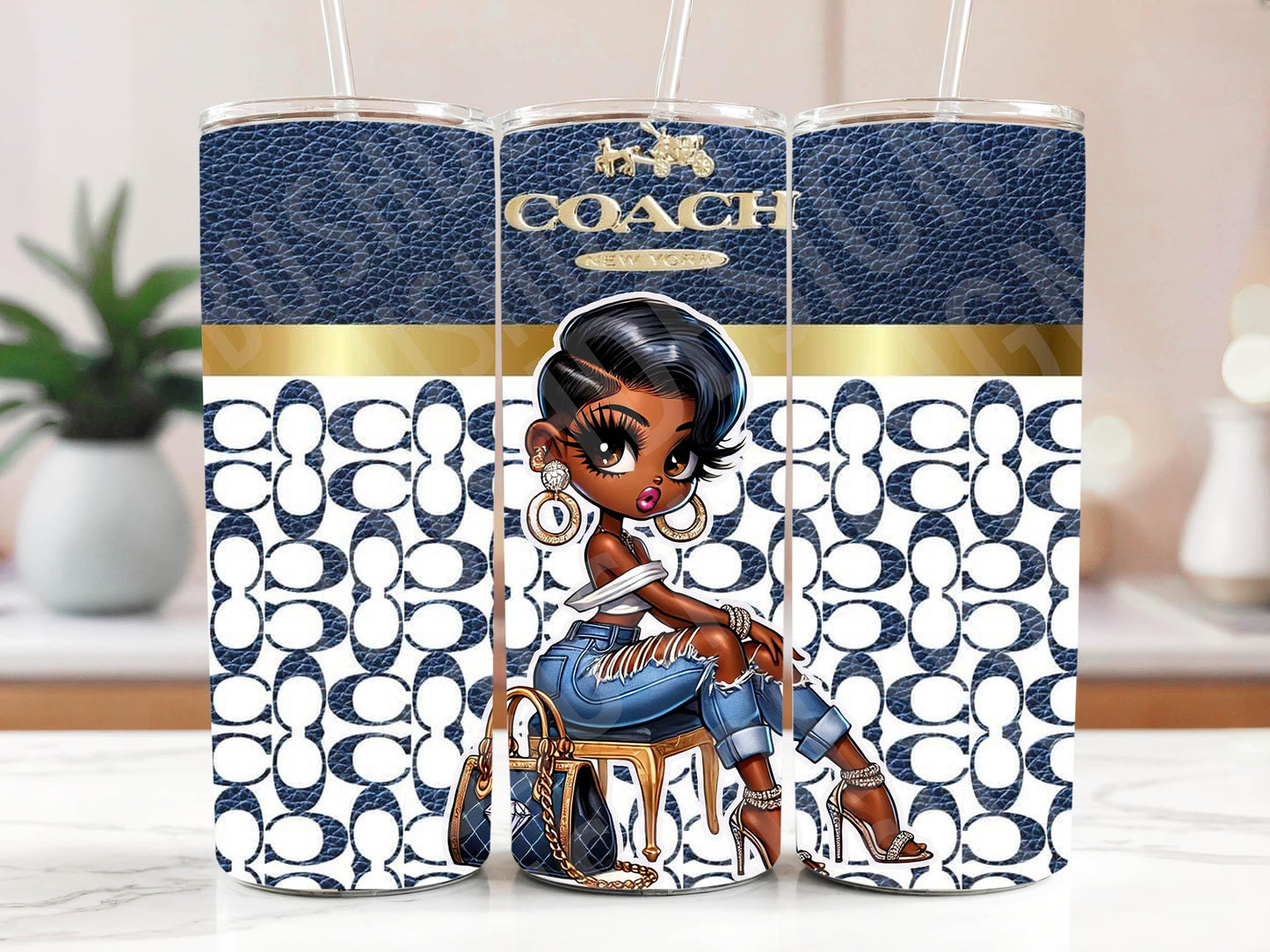 Super Chic Modern Black Betty Boop Purse Tumbler Wrap PNG High Resolution File - Luxury Tumbler File with Blue and Gold Betty Boop Design